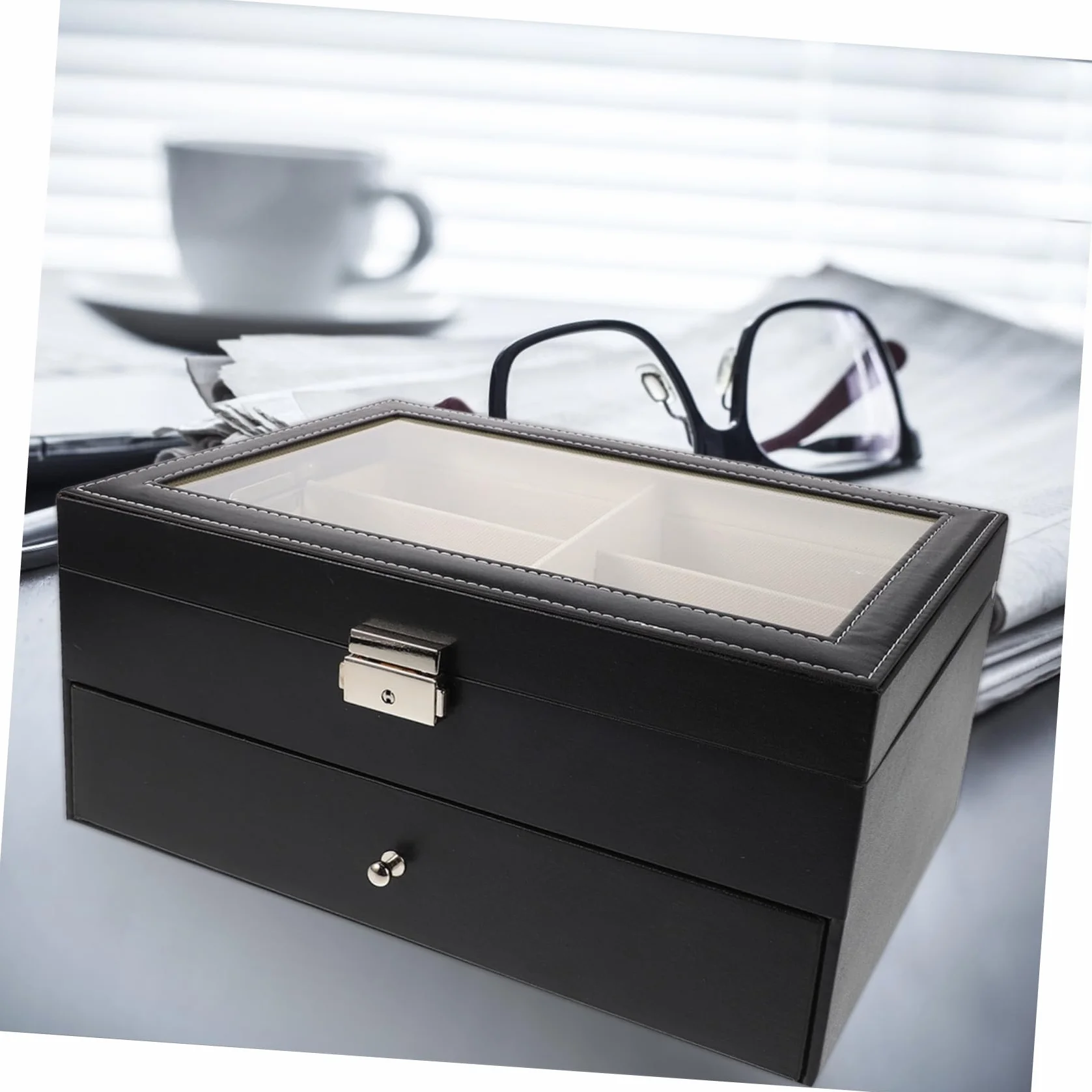 CALLARON Podwójna Warstwa Skórzanego Etui Okulary z Przegrodami Twarda Ochrona i Miękka Wyściółka Organizer Okulary Przeciwsłoneczne Do Domu i Podróży z Przezroczystym Okienkiem
