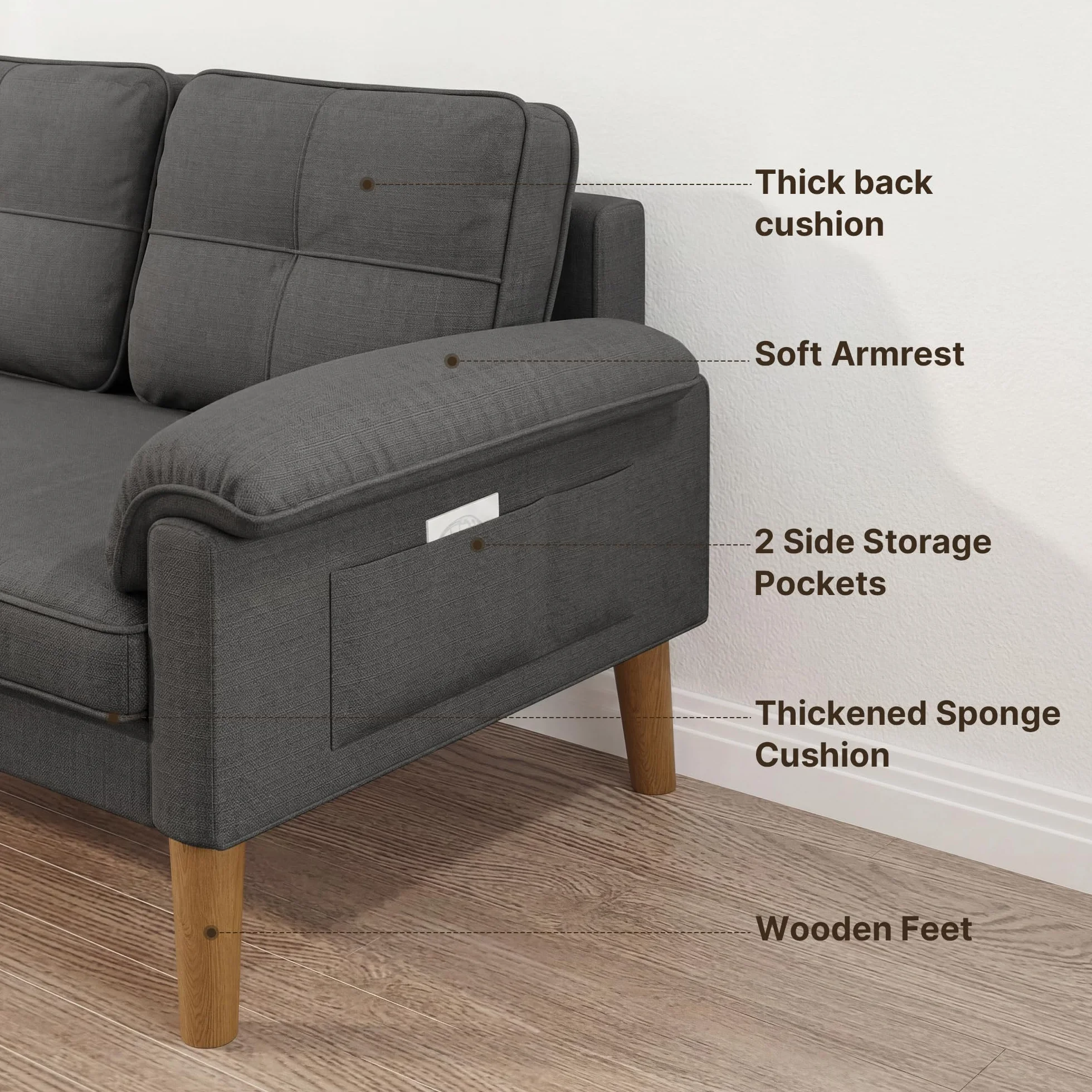 Xbro Sofa 2-osobowa, kanapa z podłokietnikiem i kieszenią boczną, materiał, 144x77x77 cm, ciemnoszara