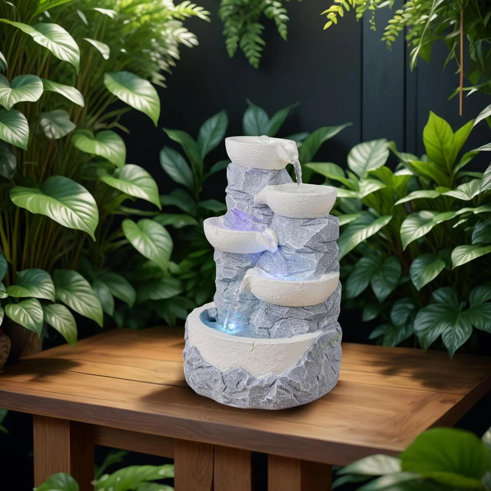 Zen'Light SCFR22-F6 wewnętrzna wodospad 4 poziomy słoik efekt kamienia naturalnego kolorowe diody LED, dekoracja wnętrz Zen i odpoczynek, fontanna stołowa, H 31cm - Ganda Zen'Light, Szary