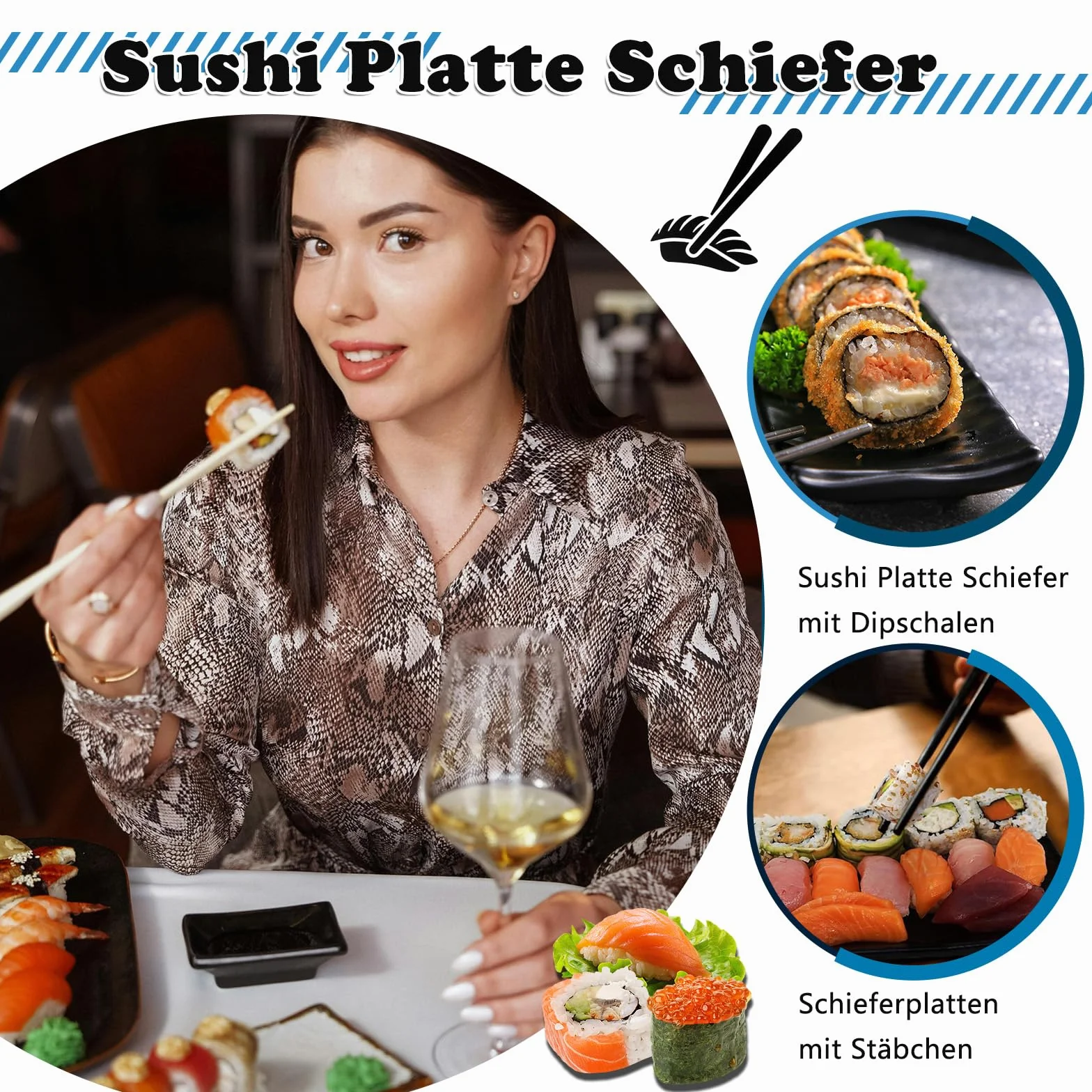 Zestaw 8 japońskich naczyń do sushi, talerze z miseczkami do dipów, 2 pary pałeczek, 2 półki