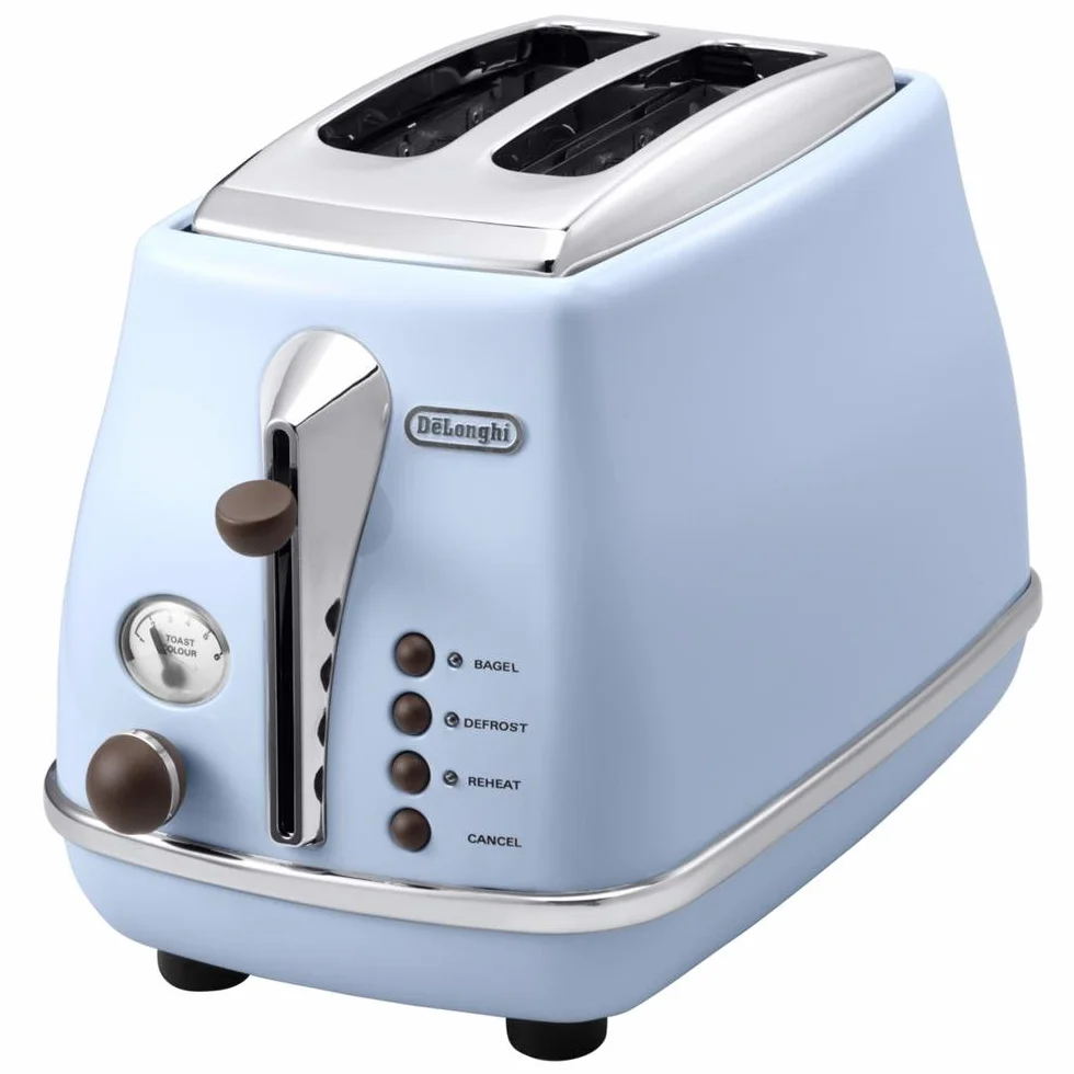 De'Longhi Toster Icona Vintage CTOV2103.AZ - 2-szczelinowy toster z nasadką do bułek, stal szlachetna w eleganckim stylu retro z chromowanymi detalami, niebieski