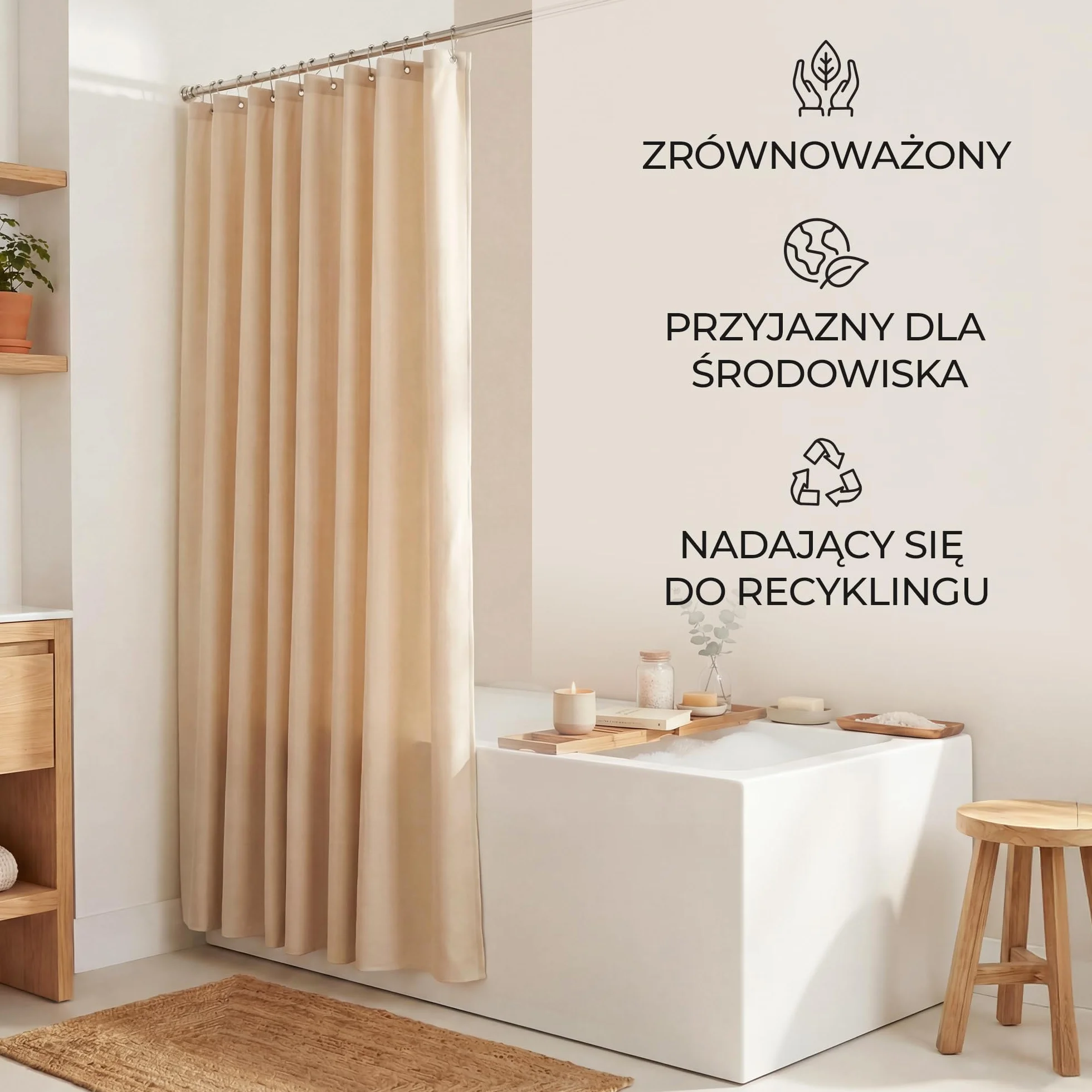 Zasłona Prysznicowa 180x180 cm Beżowa Wodoodporna Odporna na Pleśń z 12 Oczkami i Obciążnikiem NESTN