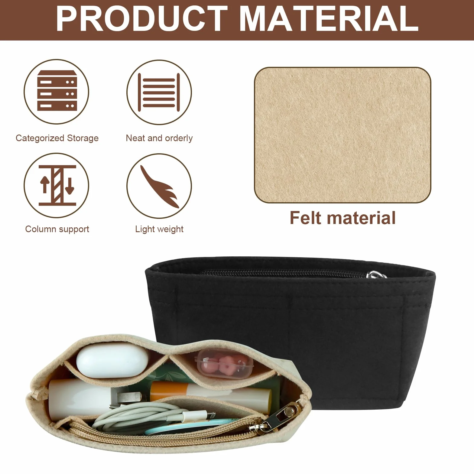 2 x organizer na mini torebki, kompatybilny z Longchamp, z wieloma kieszeniami, czarny i beżowy, 17 x 5 x 8 cm