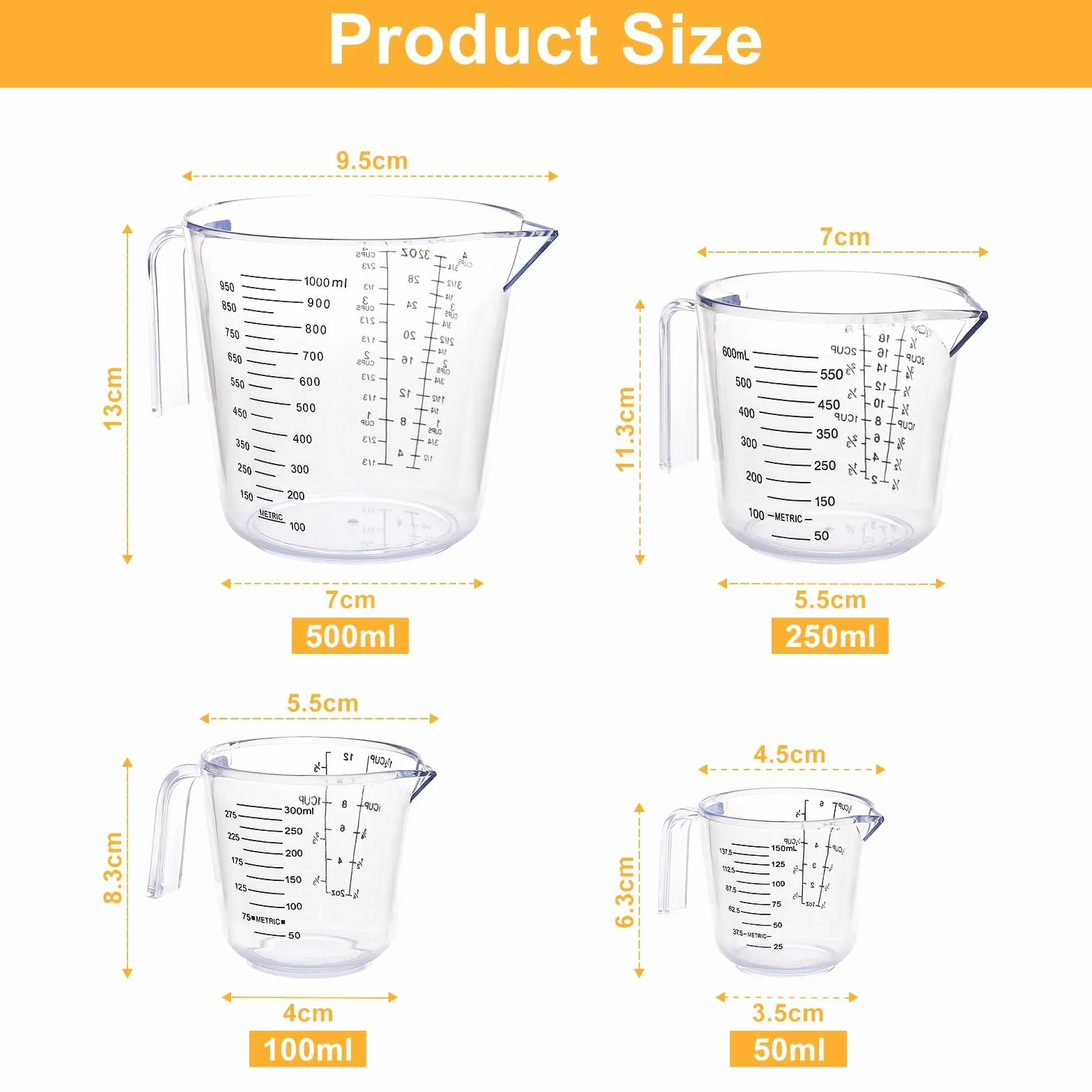 Gucass zestaw 4 kubków z miarką 150/300/600/1000 ml przezroczyste bez BPA