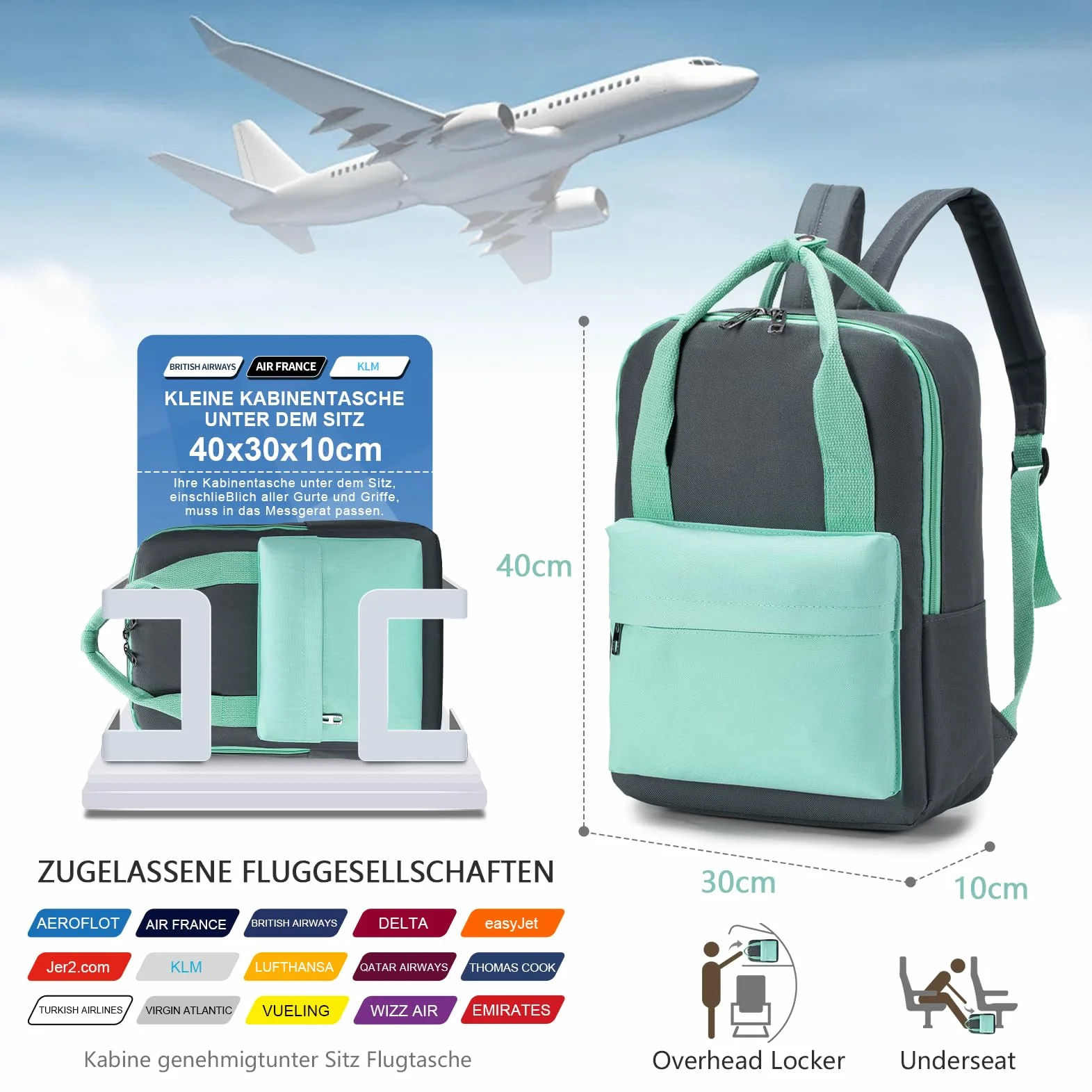 40x30x10cm Lufthansa KLM British Airways Plecak Podróżny Bagaż Podręczny Samolot, Wodoodporny Plecak Podróżny Oxford Z Przegrodą Na Laptopa 14 Cali Dzienny Dla Kobiet, Mężczyzn, Podróży