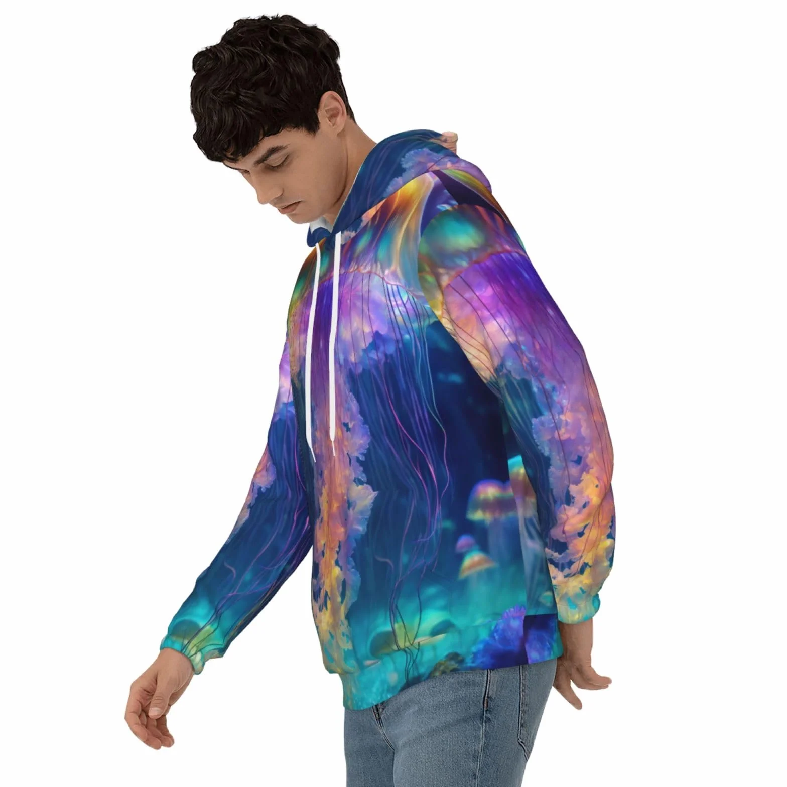 Męska bluza z kapturem z nadrukiem oceanu meduzy, casualowa grafika z nadrukiem bluzy z kapturem z kieszenią