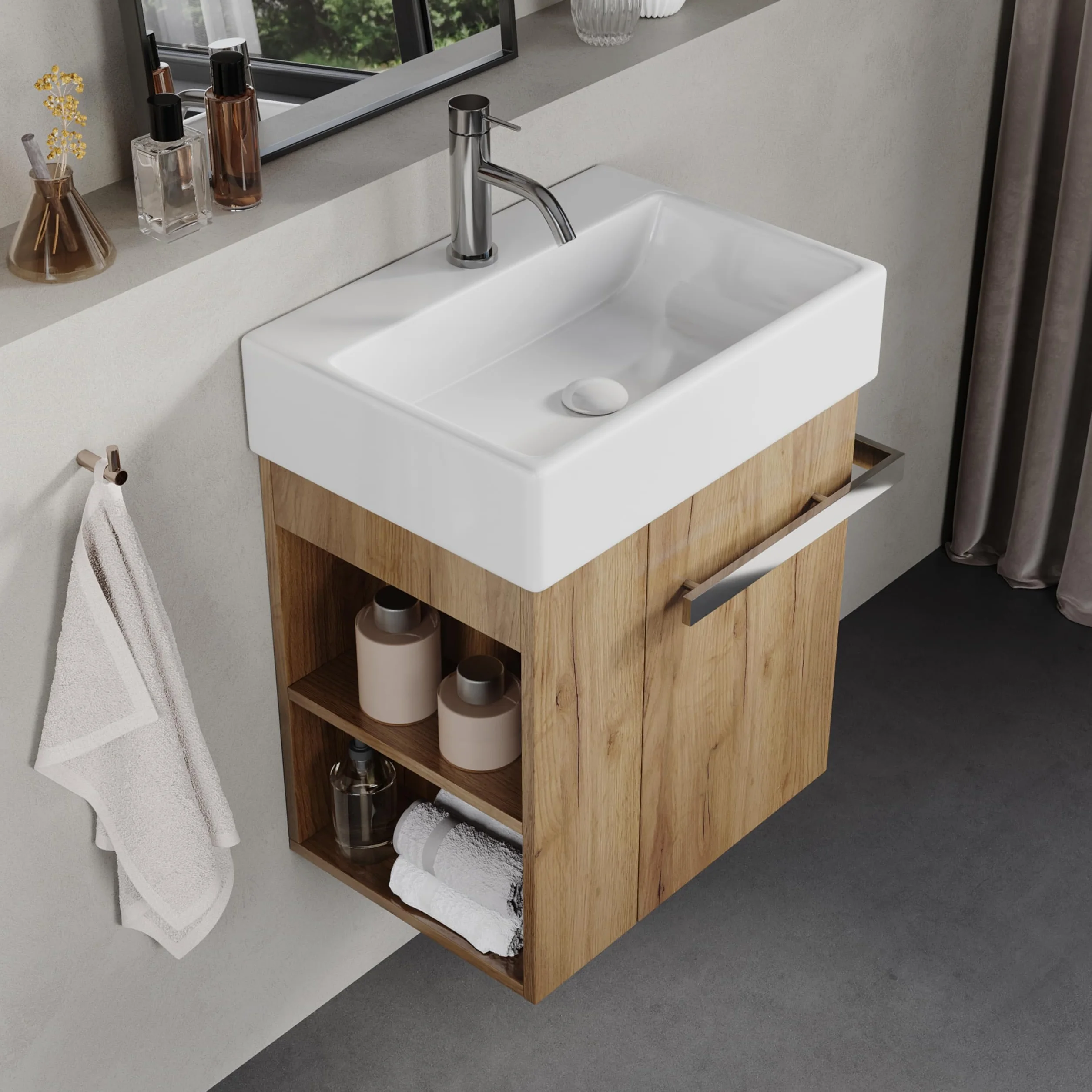 Szafka Łazienkowa 50 cm Z Ceramiczną Umywalką, Szufladą Z Cichym Domykiem, Uchwytem Na Ręczniki, Wersja Lewa/prawa, European Oak
