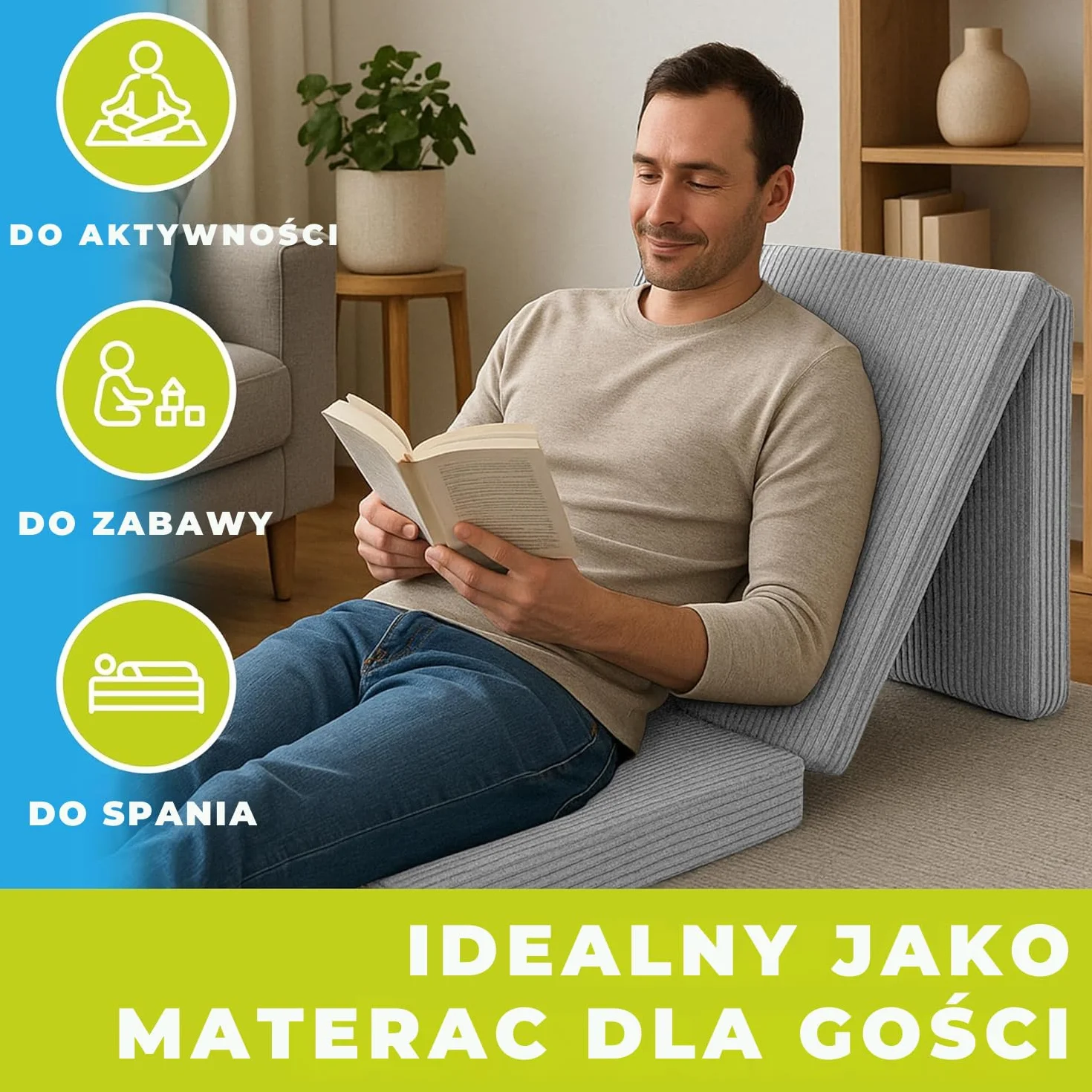 Składany materac 195x120x15 cm z uchwytami i zdejmowanym pokrowcem | Materac gościnny i turystyczny | Oeko-TEX | Składana mata do spania dla dzieci, gości, do podróży | Jasnoszary