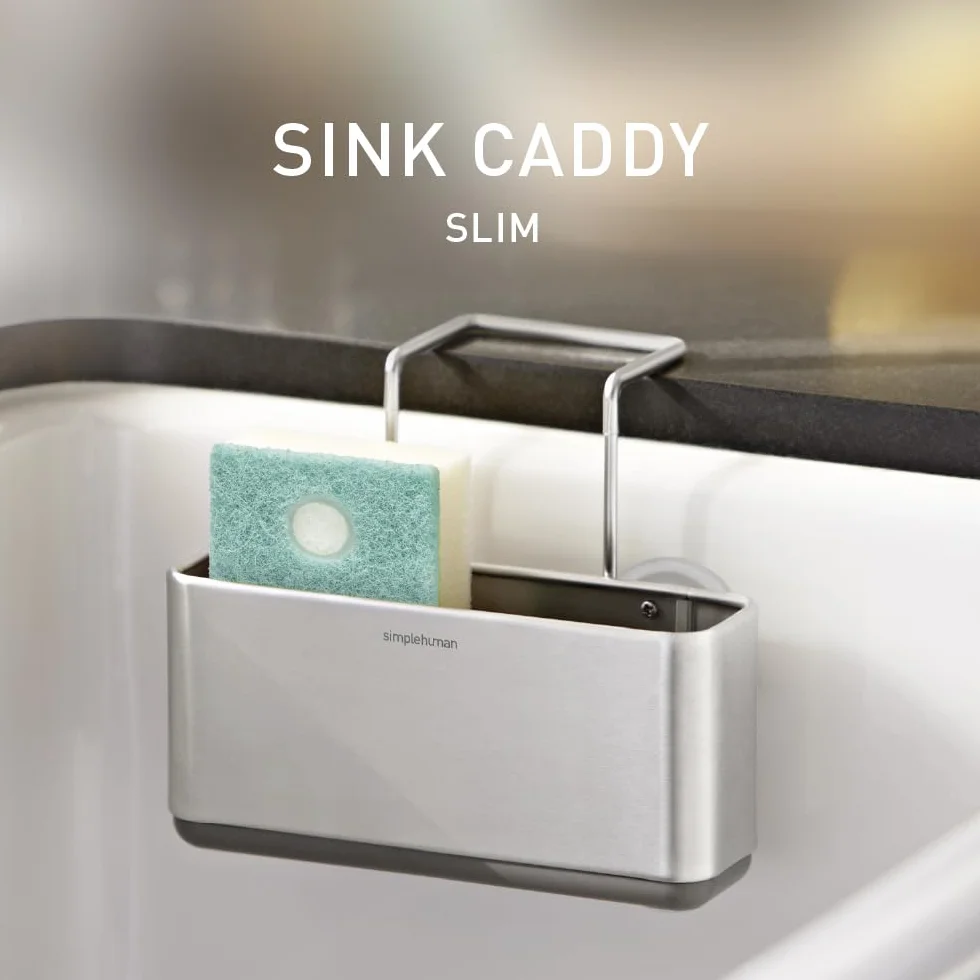 simplehuman KT1134 Smukły organizer na zlew kuchenny, z przyssawkami, wieszak na krawędź druciana, przechowywanie gąbki, nierdzewny, szczotkowana stal nierdzewna