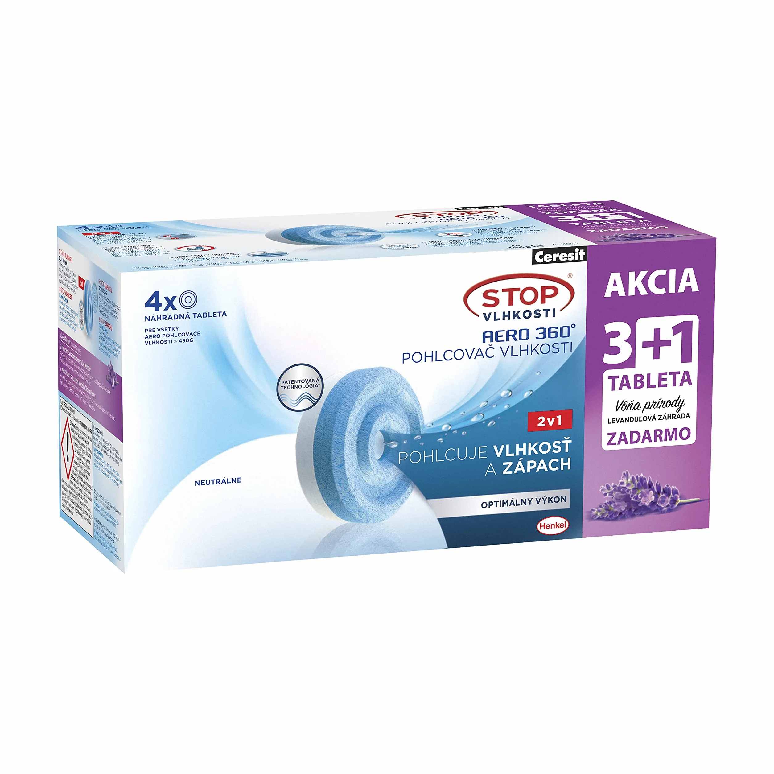 Ceresit STOP WILGOCI AERO 360°, 1 lawendowy + 3 neutralne wkłady do pochłaniacza wilgoci, nowoczesne tabletki pochłaniające wilgoć, chłonny neutralizator zapachów, 4x450g