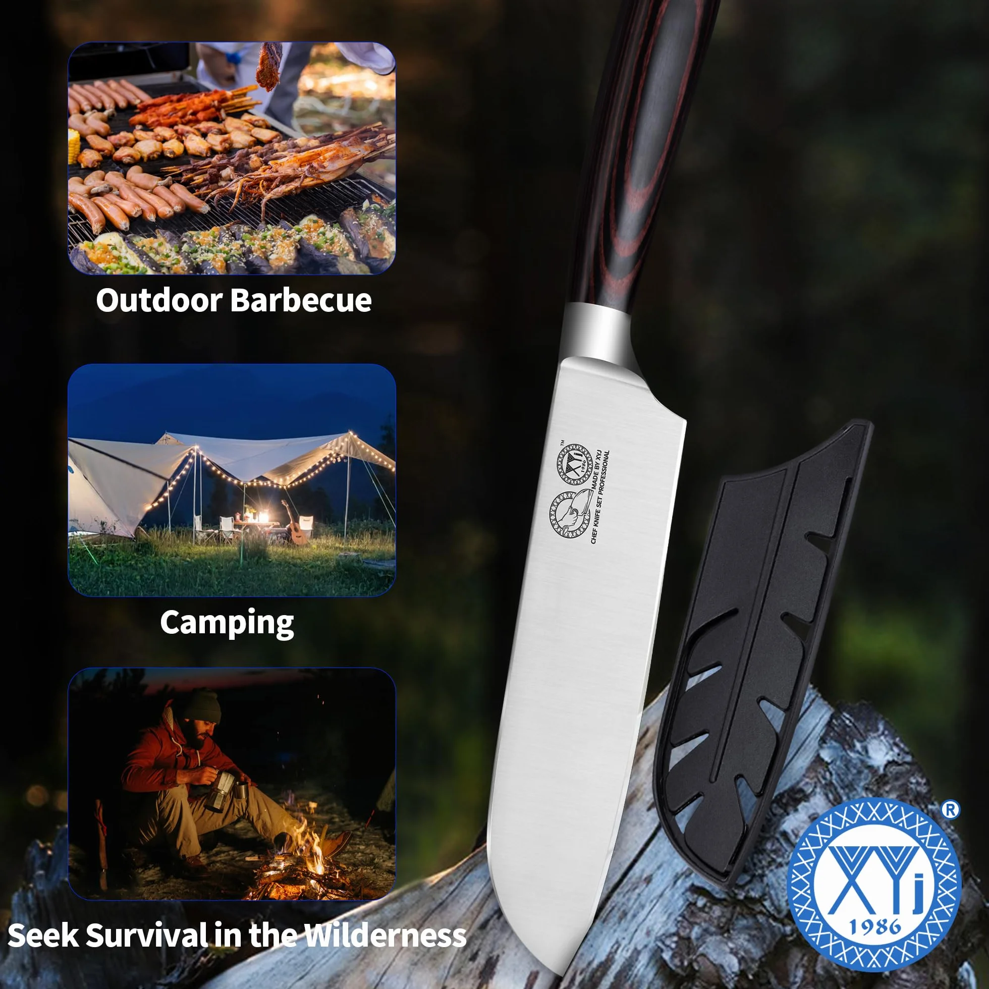 XYJ Professional Japanese Santoku Knife With Plastic Sleeve,7 Inch Vegetable Kitchen Knife,Stainless Steel,Meat Slicing Knife,Pakkawood Handle,Meat Cleaver for Outdoor Camping