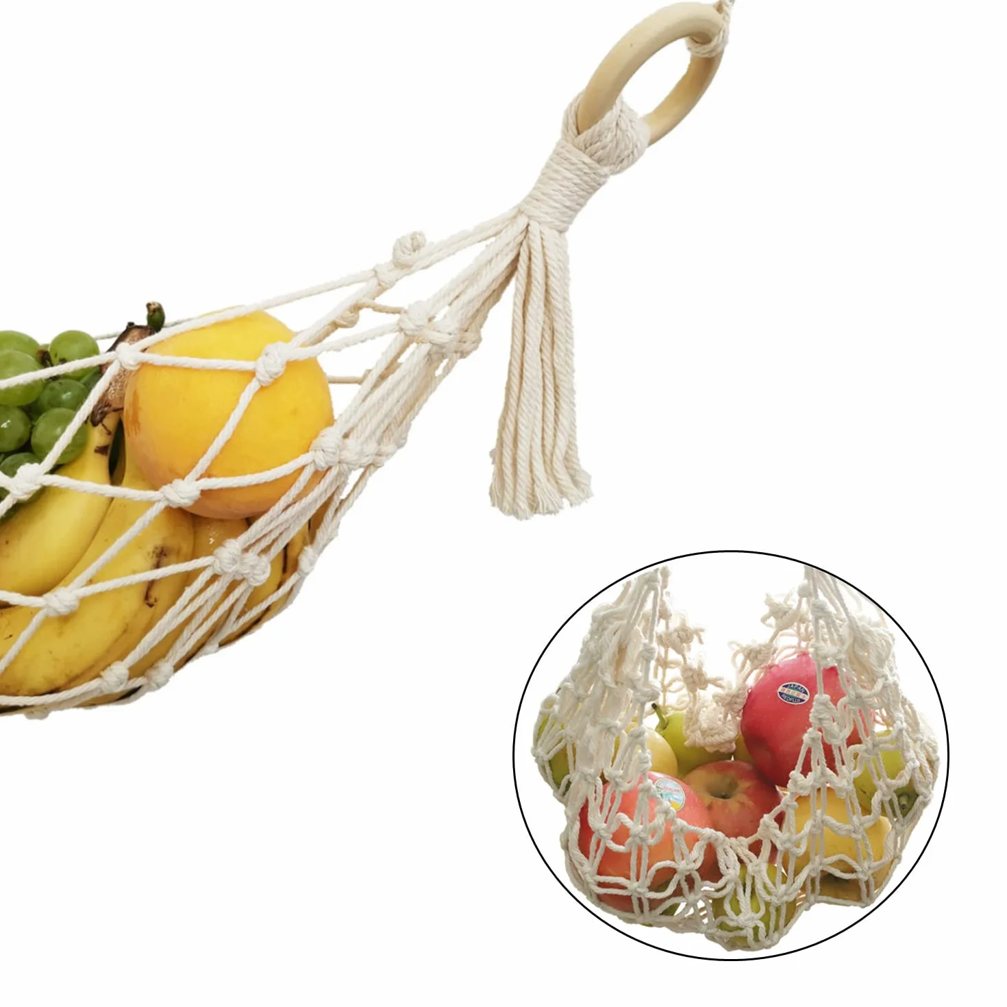 Uchwyt na owoce siatka 66 cm wiszący kosz na owoce warzywa hamak pod szafką kosz bananowy 100% bawełna ręcznie tkany z 2 haczykami śrubowymi do przechowywania w kuchni domu kamperów