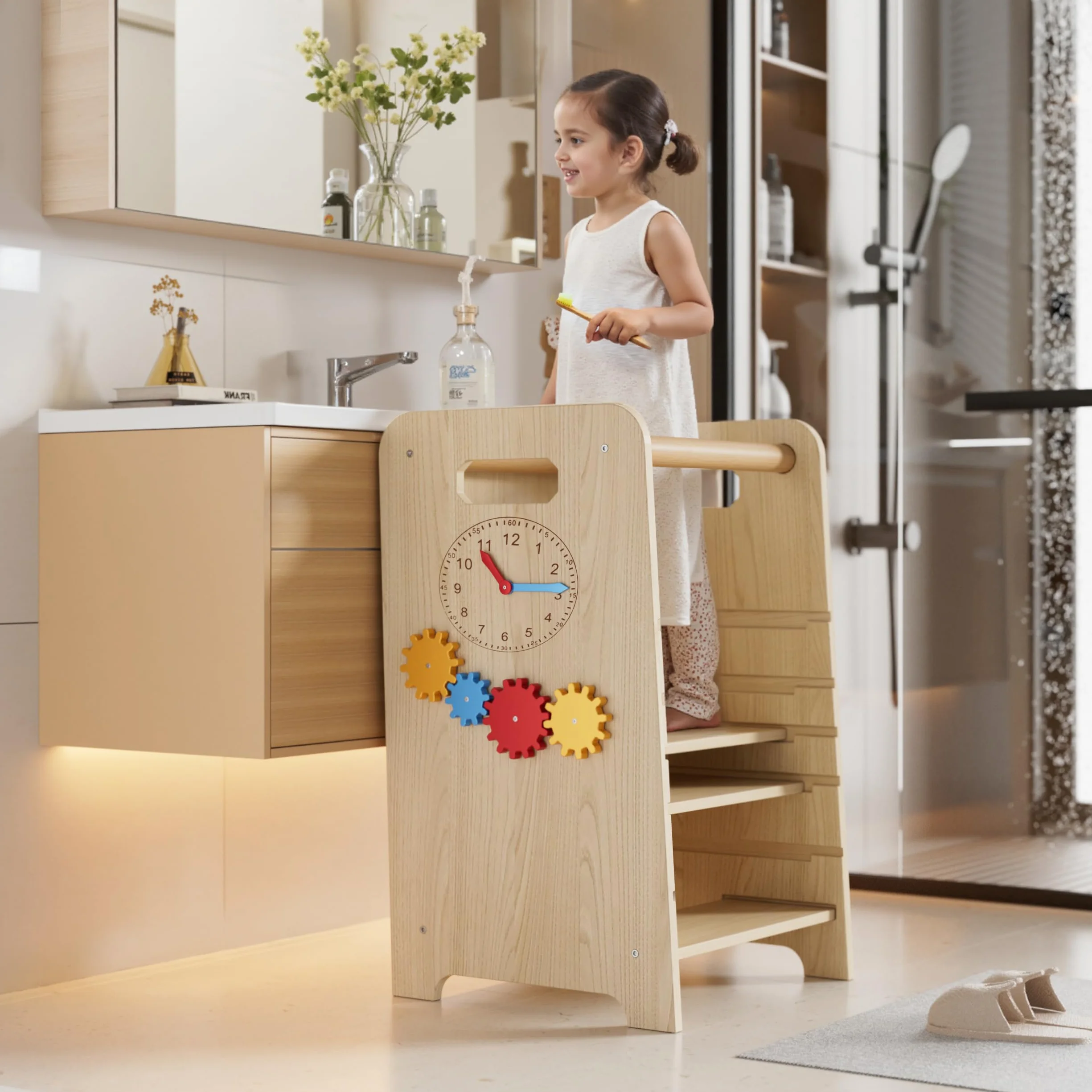Montessori Wieża edukacyjna 4 w 1 drewniana z regulacją wysokości 4-stopniowa pomocnik kuchenny dla dzieci