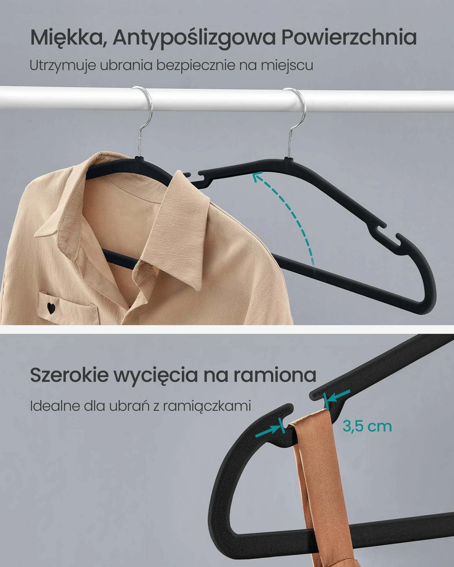 SONGMICS Aksamitne wieszaki na ubrania, zestaw 50 sztuk, 43 x 21 cm, aksamitne wieszaki, antypoślizgowe, szerokie wycięcia na ramionach, obrotowy haczyk 360°, do szafy, atrament czarny CRF039B03