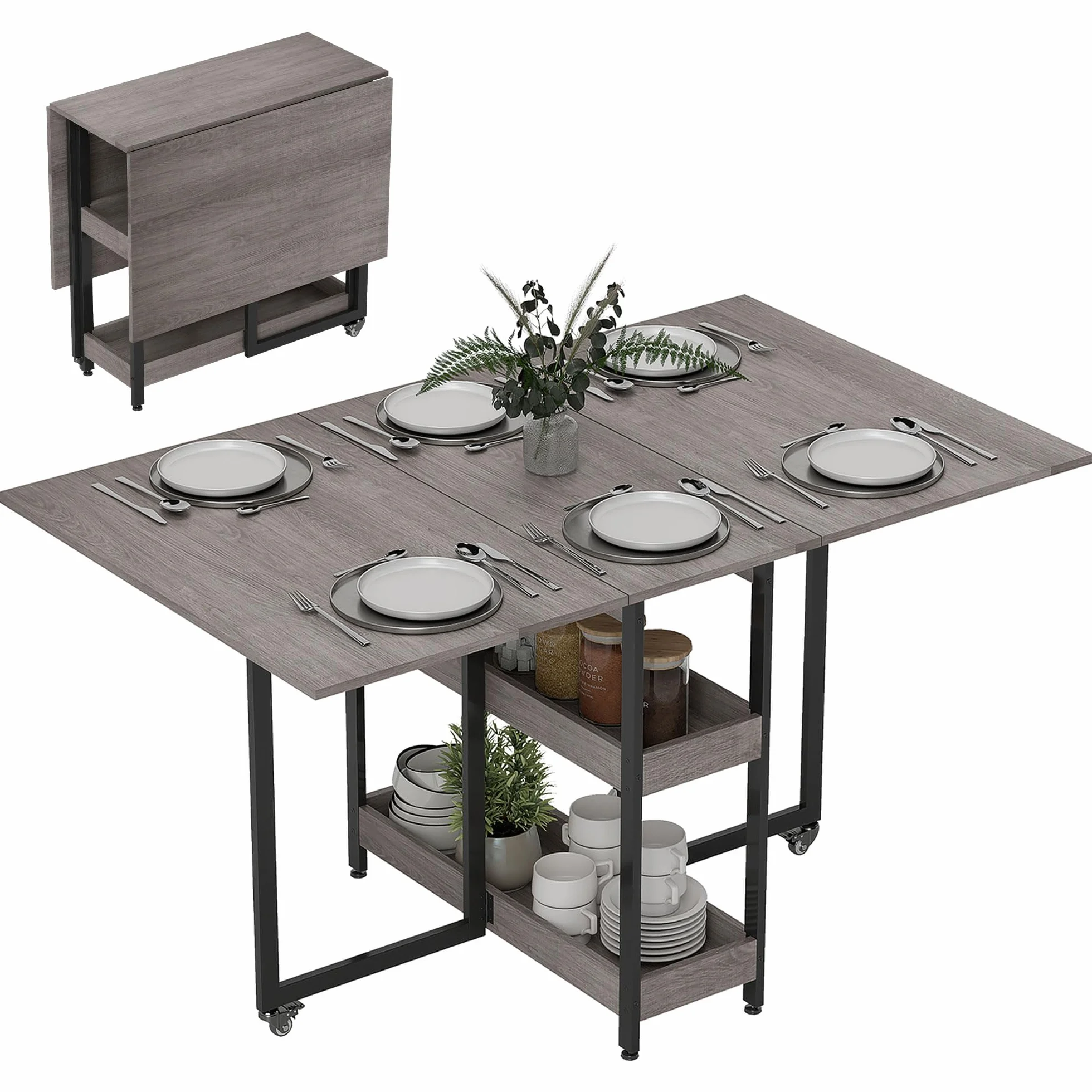 HOMCOMStół do jadalni, składany kuchenny dla 2-4 osób, z 2 otwartymi półkami, stół kuchenny z rolkami, do małych pomieszczeń, 133,4 x 80 x 75 cm, szary