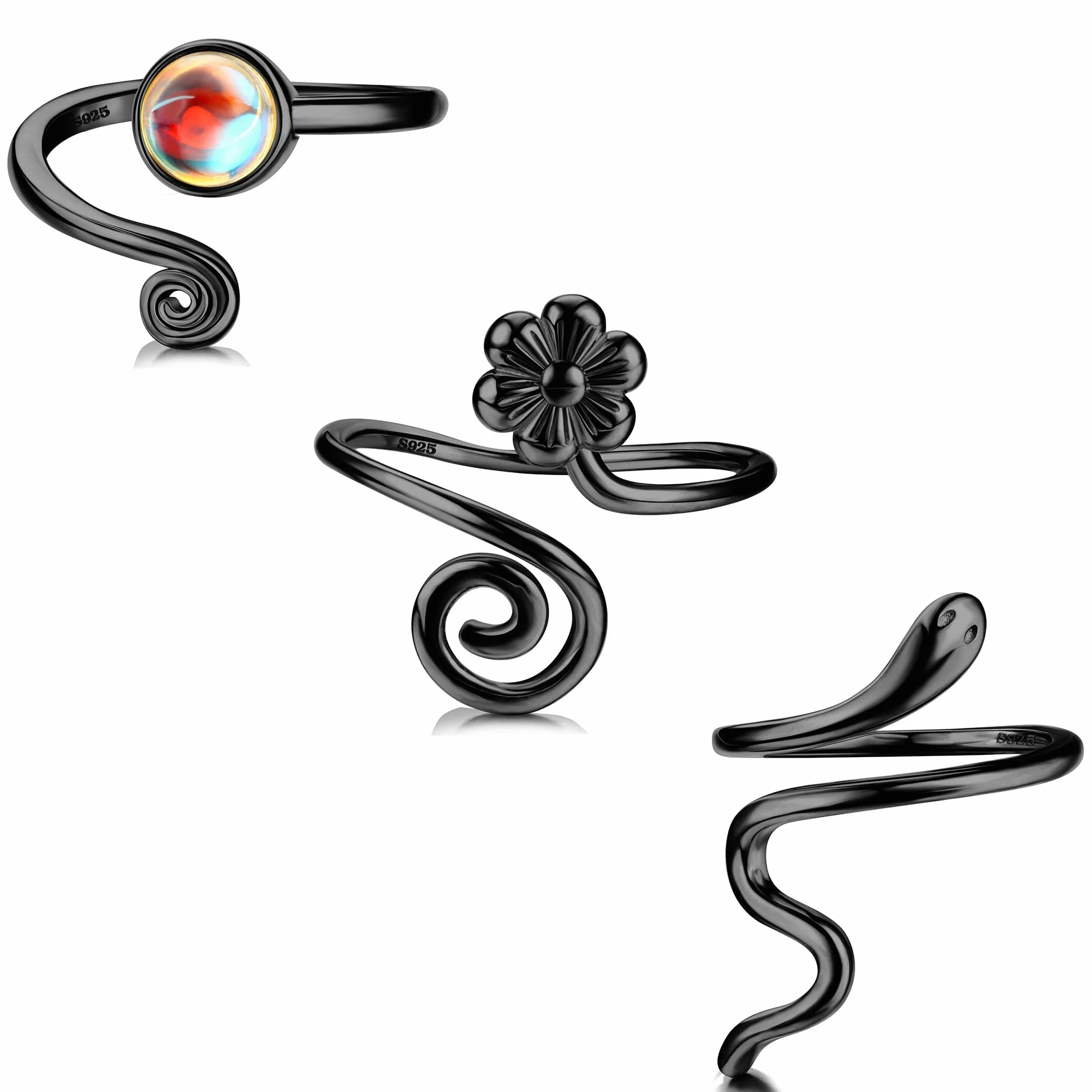 Sllaiss 3PCS 925 Sterling Silver Czarny Pierścień do palca dla kobiet Mężczyzn Otwarty Regulowany Pierścień Czarny Twist Flower Cool Toe Ring Zestaw palca Pierścień Foot Biżuteria