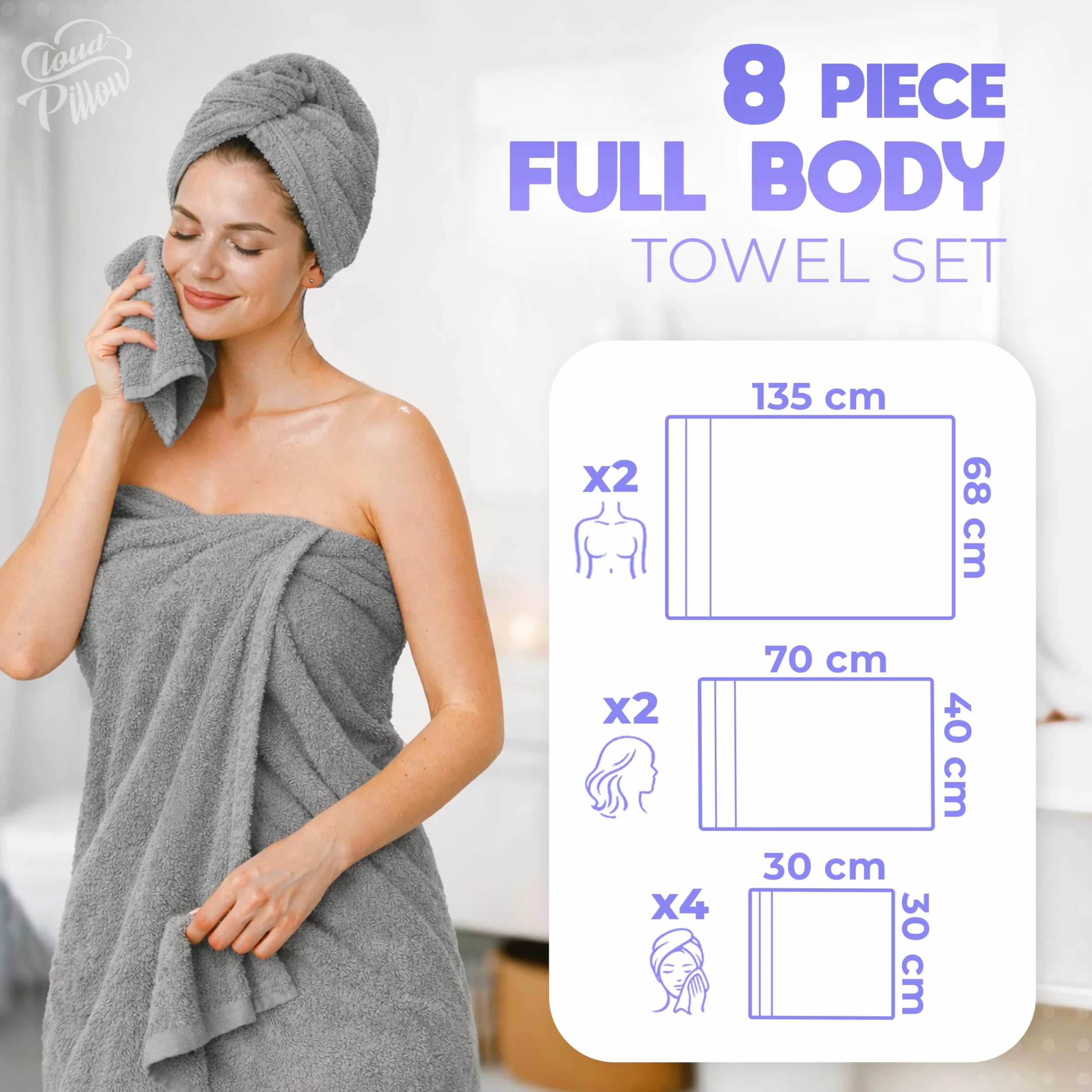 Zestaw ręczników Cloud Pillow 8-częściowy – 100% bawełna – 2 ręczniki kąpielowe 68x135 cm, 2 ręczniki 40x70 cm oraz 4 myjki 30x30 cm – miękkie, chłonne i trwałe