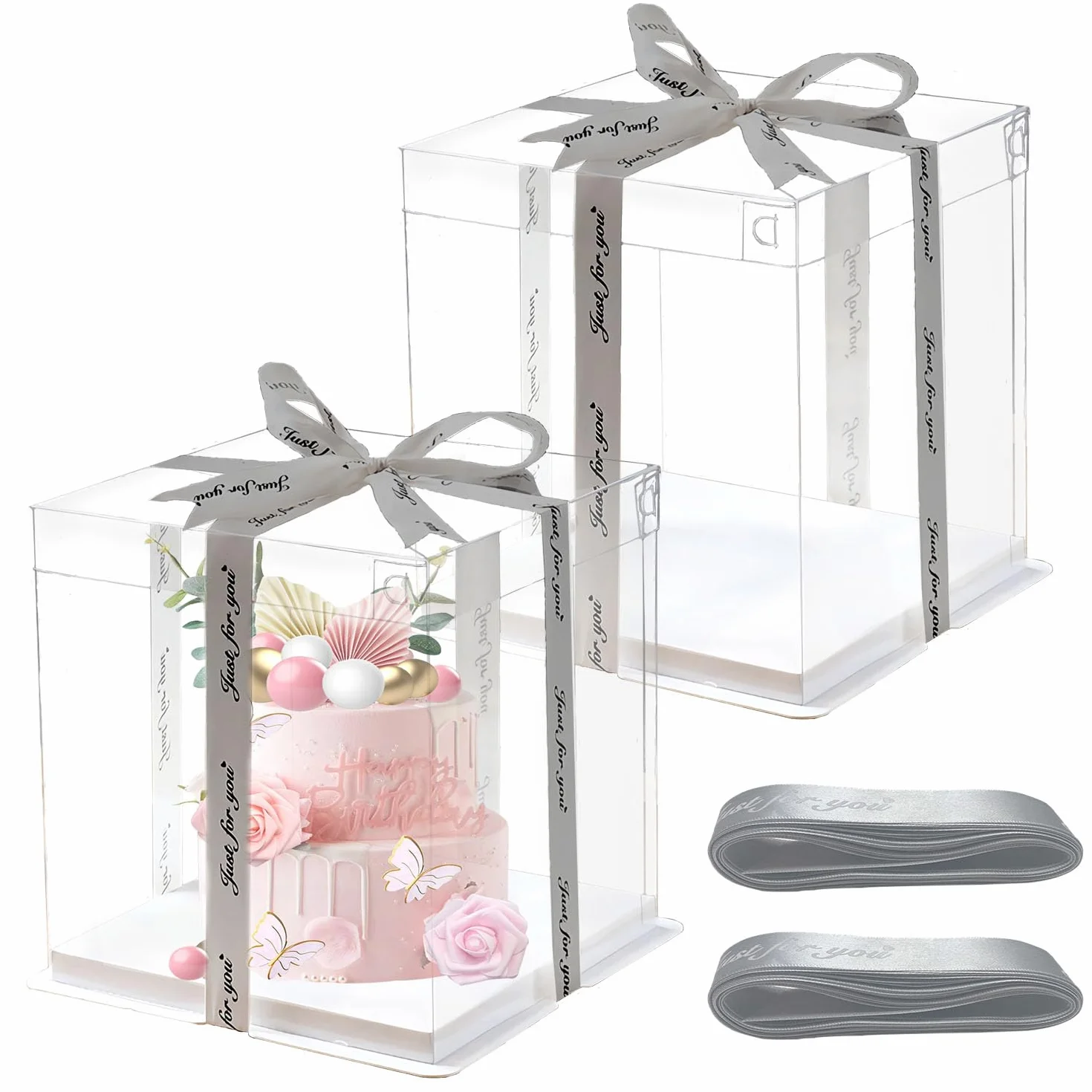 Pudełka na tort 30x30x25 cm przezroczyste z cokołem i wstążką