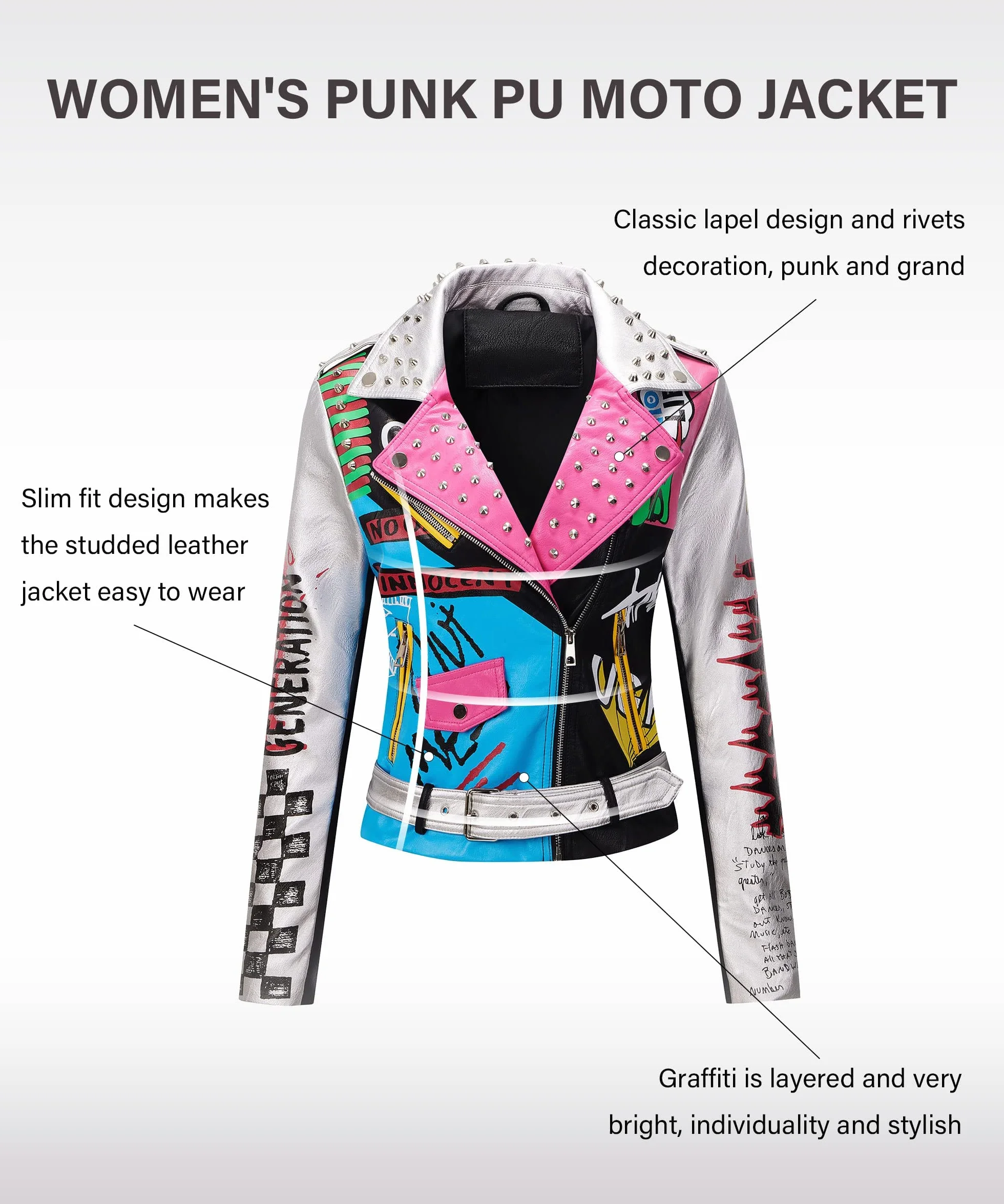 RISISSIDA Damska kurtka ze sztucznej skóry z ćwiekami i nitami, wiosenno-jesienna, do bioder, modna, motocyklowa, streetwear, z paskiem