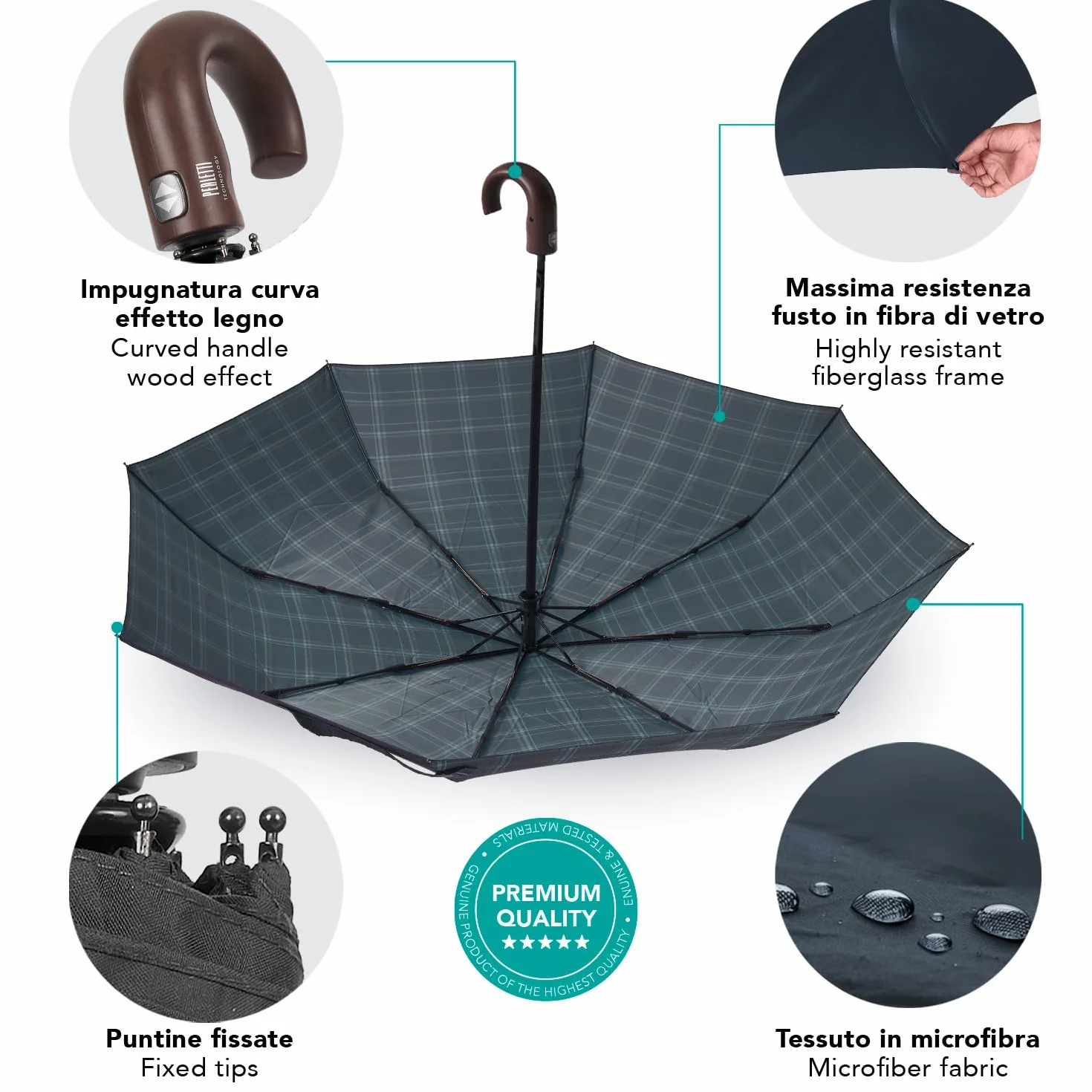 Automatyczny Parasol Mężczyzn Wygiętą Rączką - Parasol Męski Wiatroodporny Kieszonkowy Automatycznym Systemem Otwórz Zamknij Szkocka Fantazja - Średnica 104 cm - Perletti (Tartan Niebieski i Zielony)