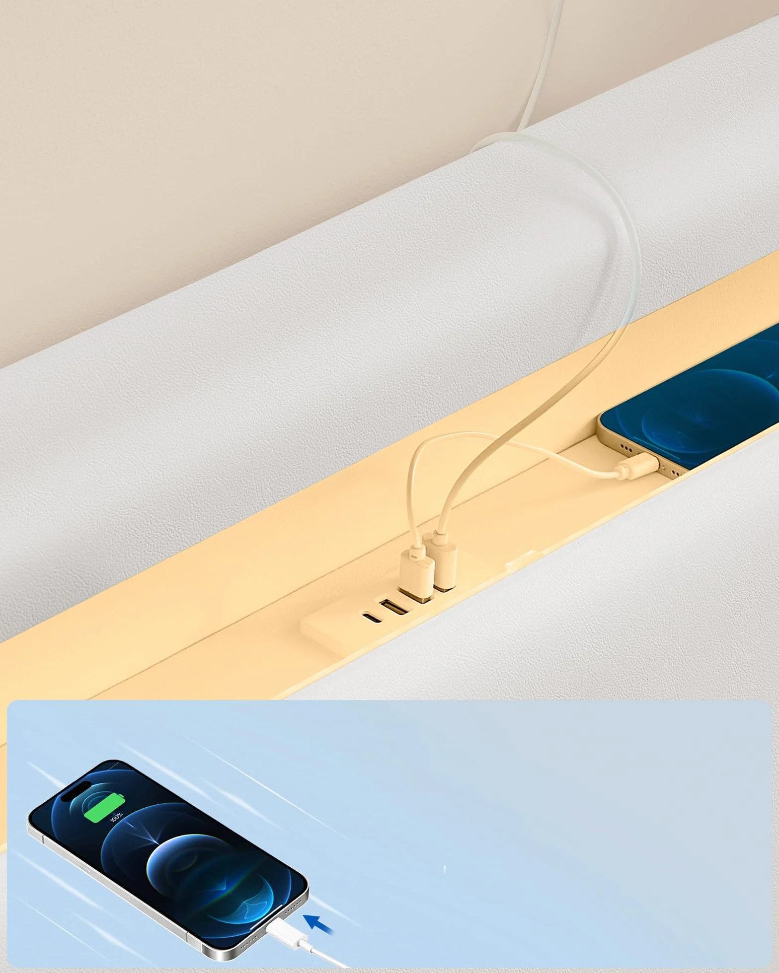 VASAGLE Łóżko podwójne 160x200 cm z oświetleniem LED, wysoki zagłówek, gniazda, biały RMB865W01