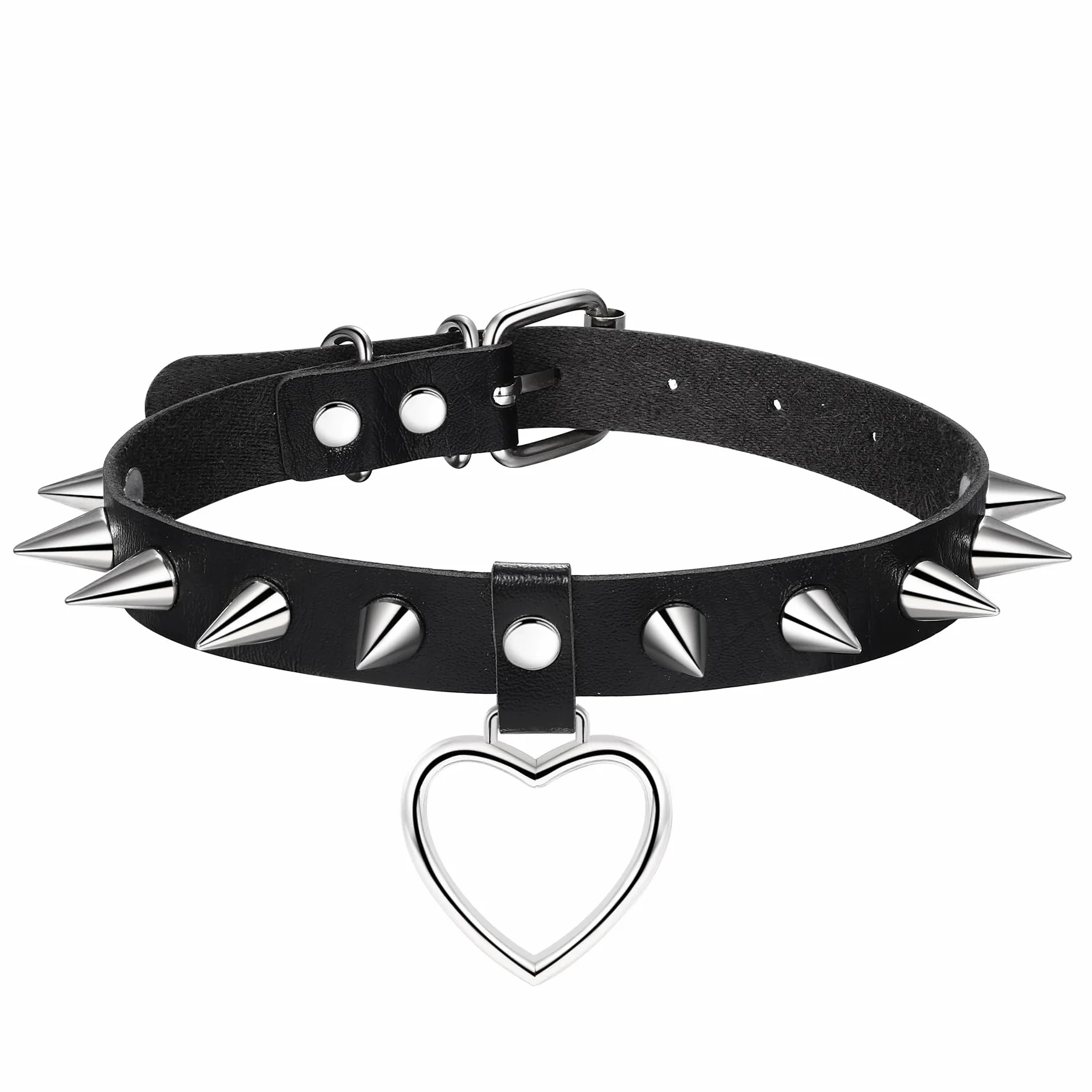 Flongo Gotycki Punk Choker Naszyjniki ze Skóry PU dla Kobiet i Mężczyzn - Czarny Kołnierz Choker z Sercem, Nitami i Kolcami w Stylu Rock na Halloween, Cosplay i Imprezy Kostiumowe