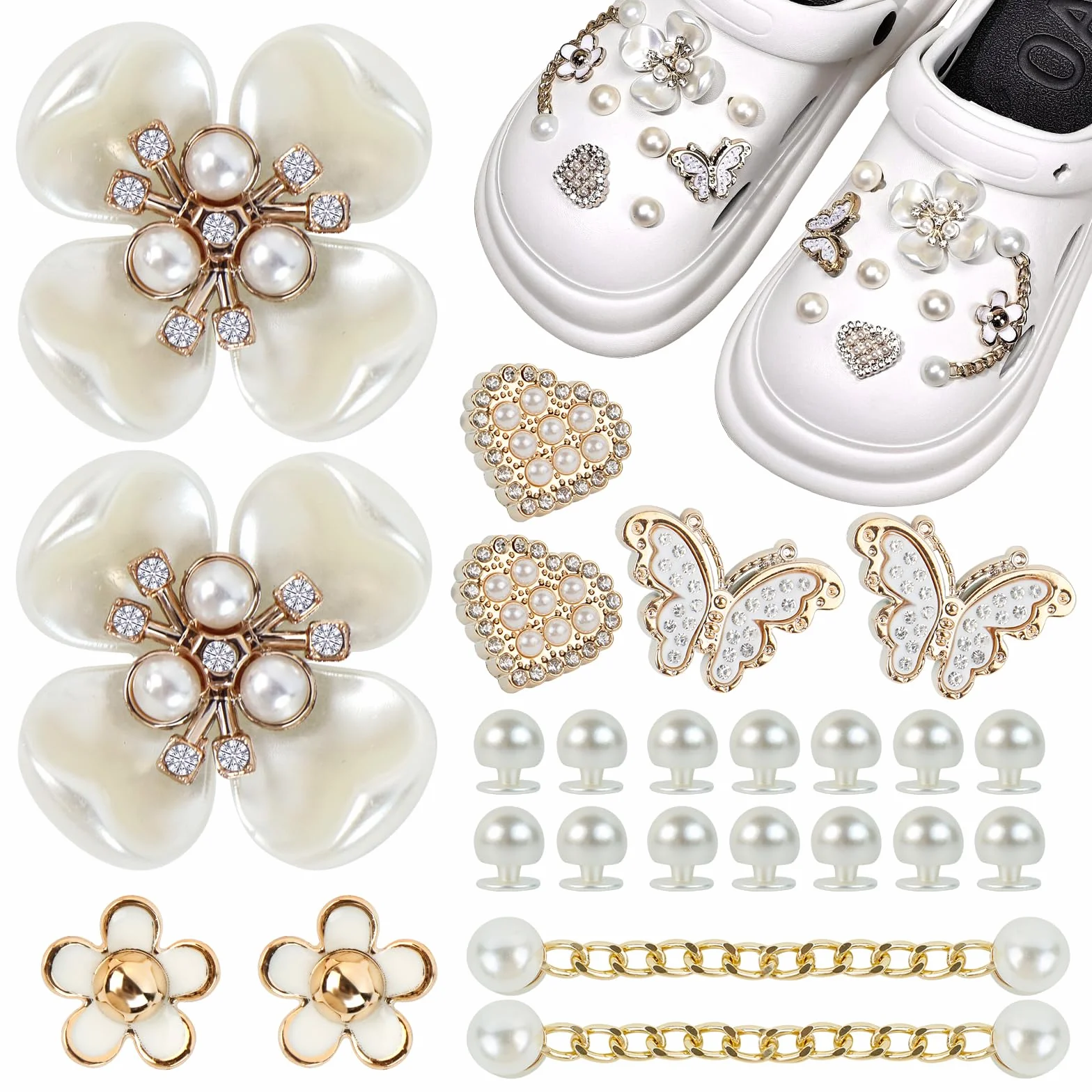 Crocs zestaw zawieszek do butów, 24 sztuki, brokatowe, zdejmowane akcesoria do butów, z PCW, do samodzielnego wykonania, z kwiatem, perłą, motylem, dla dzieci, dziewcząt, kobiet