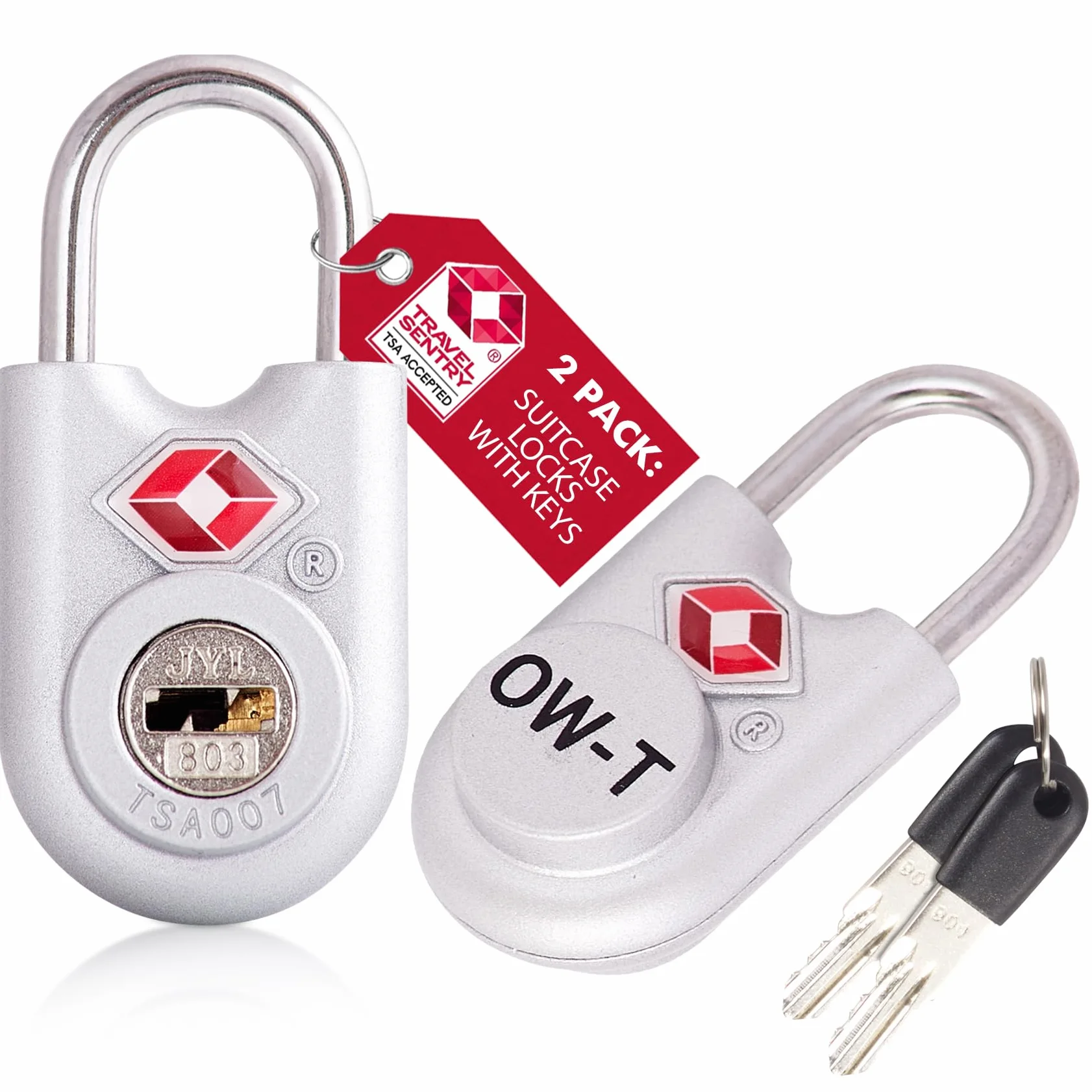 OW-Travel TSA Kłódka z Kluczykiem ​(Zestaw 2 Silver) Zamki Bagażowe na Klucz. Wytrzymałe Kłódki Bagażowe z Zamkiem na Klucz do Bagażu, Torby, Walizki, Plecaka, Szafki na Siłowni