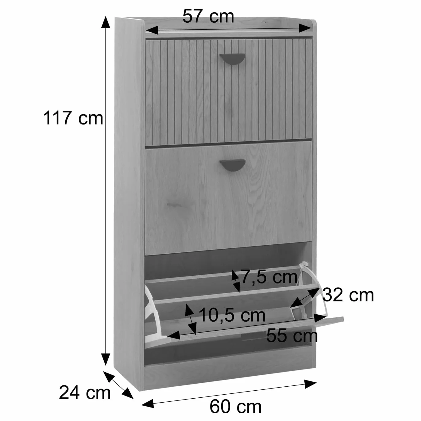 Mendler Szafka na buty HWC-O39, uchylny regał na buty, 3 klapy, półki składane, MDF, melamina, metal, 117 x 60 x 24 cm, kolor naturalny