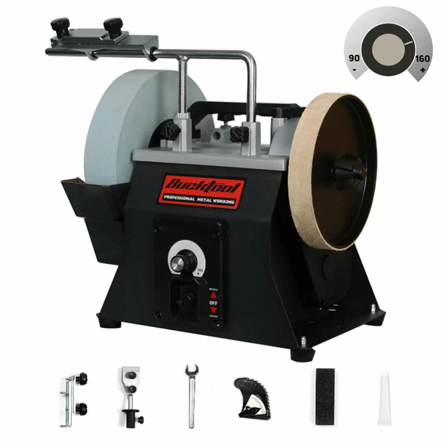 BUCKTOOL SCM8103 szlifierka na mokro 250 mm, ostrzałka do noży zmienna prędkość 90/150 W, 220 mm z tarczą ściągającą 200 mm
