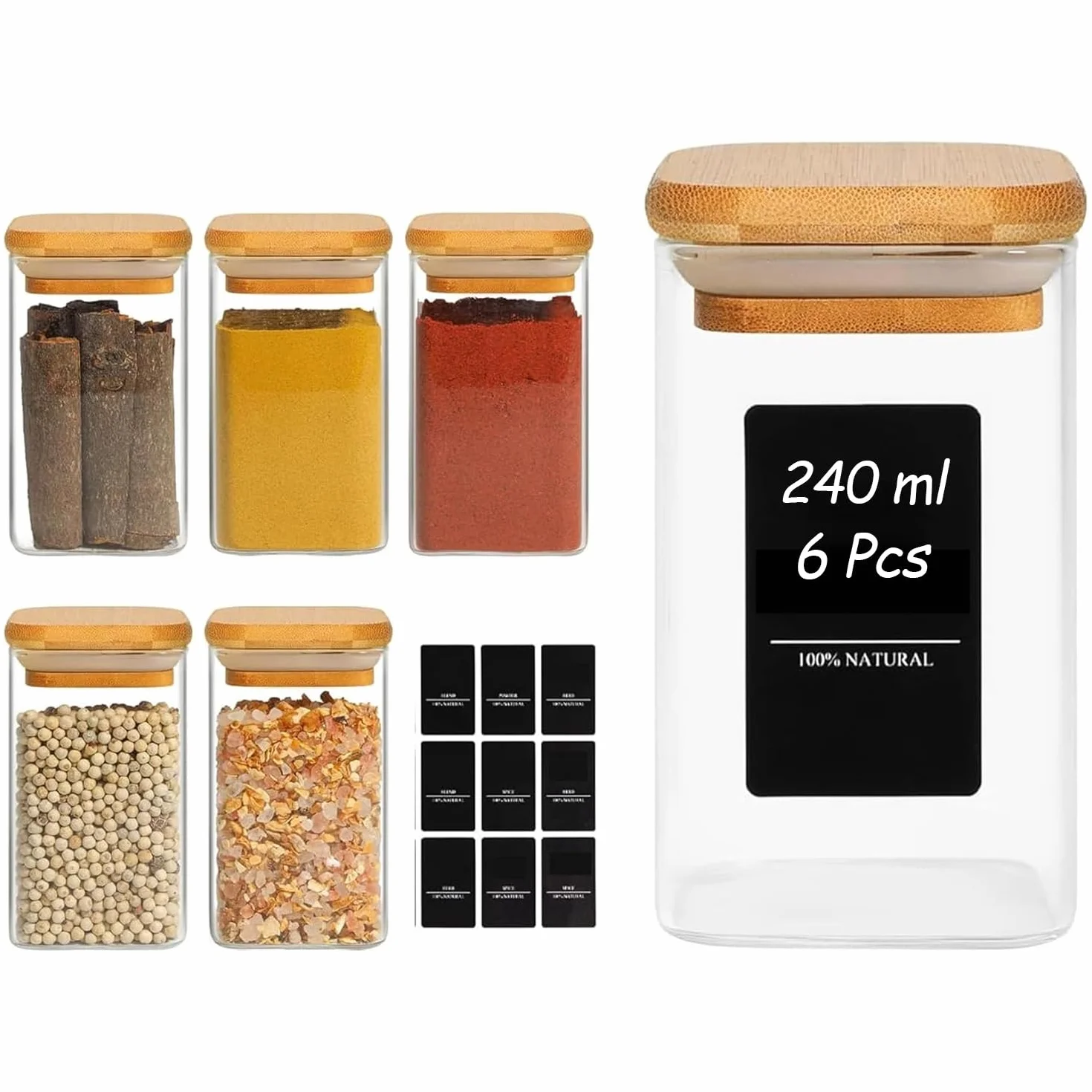 ComSaf 6 Stuks Glazen Kruidenpotjes met Bamboe Deksel 240 ml Vierkante Voorraadpotten Luchtdicht