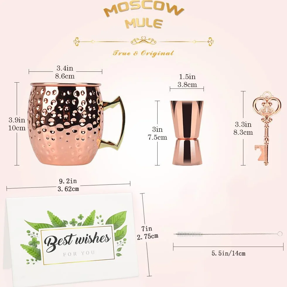 Zestaw 2 miedzianych kubków do Moscow Mule, 2 słomki do picia, 1 jigger, kubki koktajlowe do delektowania się koktajlami, zimnymi napojami, piwem, wódką (500 ml)