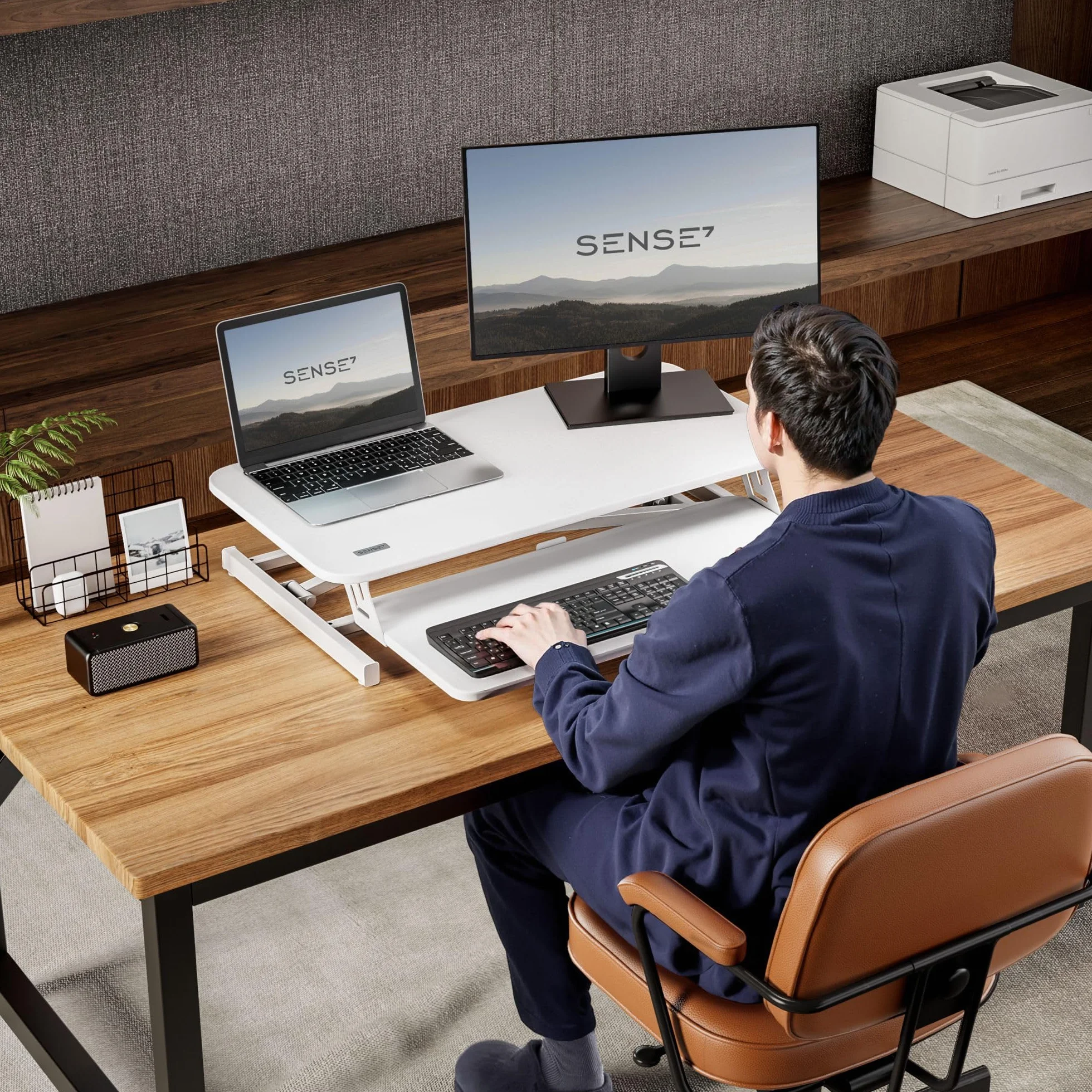 SENSE7 Desk Converter Regulowana Wysokość 81x40 cm Mobilna Konstrukcja Biała