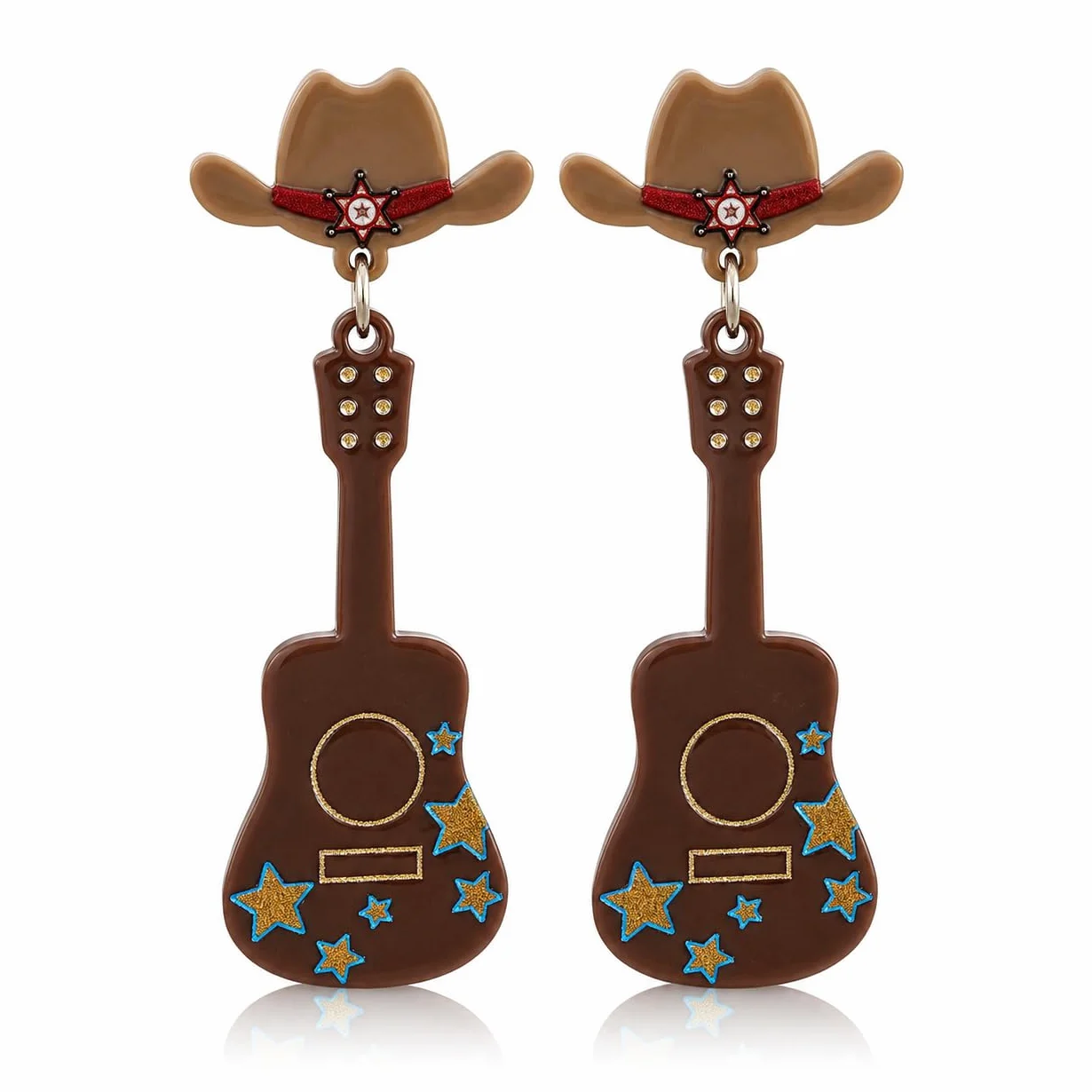 Urocza gitara western brązowy akryl kropla kolczyki kowbojski kapelusz biżuteria charms zabawne prezenty dla miłośników muzyki country