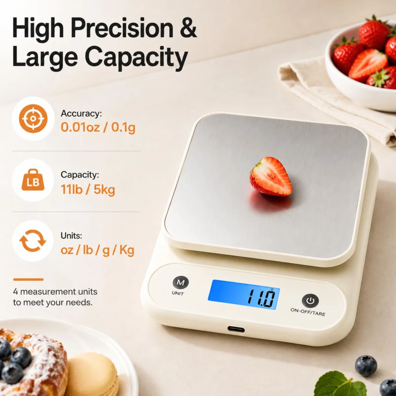 Cyfrowa waga spożywcza 5 kg 0,1 g waga kuchenna z wbudowaną baterią litową 300 mAh ładowanie typu C biała