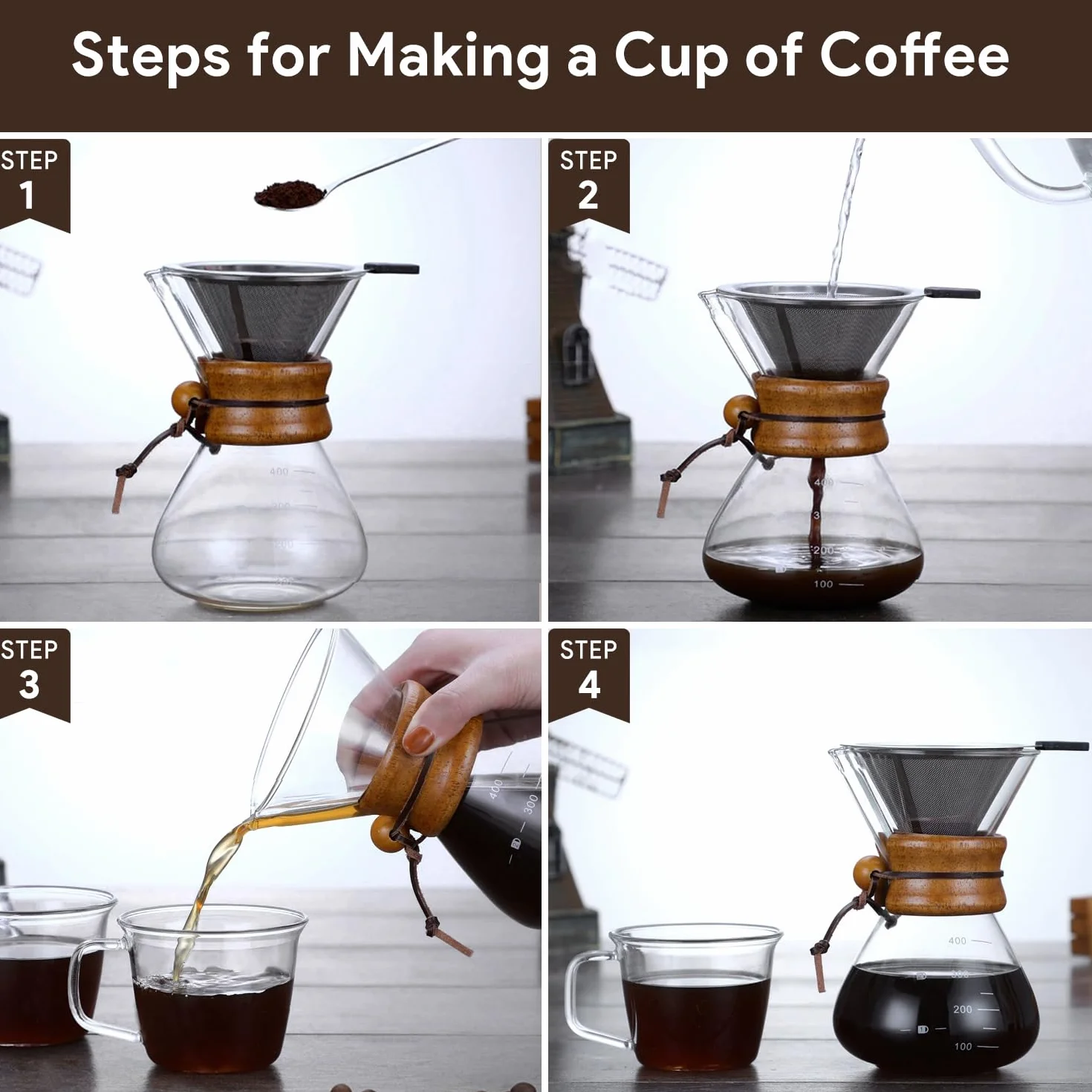 Tissting Pour Over ekspres do kawy 400 ml z karafką i filtrem ręcznym ze stali nierdzewnej – stały filtr ze szkła na 1-2 filiżanki