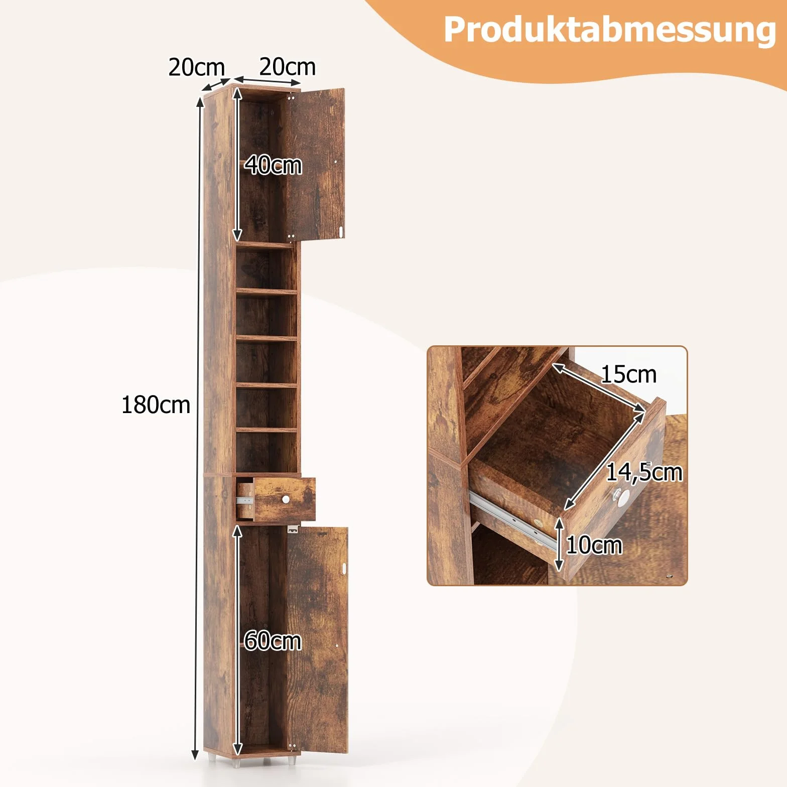 COSTWAY Szafka łazienkowa wysoka wąska z 2 drzwiczkami 1 szufladą regał 20x20x180 cm brązowy