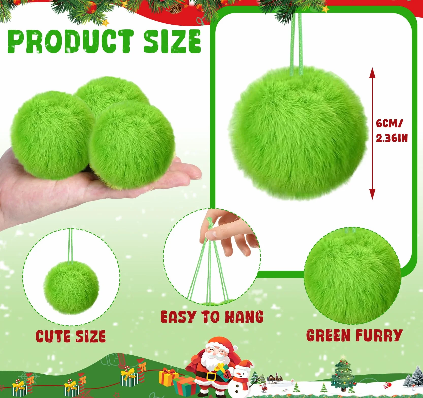 Bombki bożonarodzeniowe ze sztucznego futra, 12 sztuk, czerwone i zielone, puszyste bombki pomponowe (6 cm) jako ozdoba bożonarodzeniowa, ozdoba choinkowa, dekoracja do domu, akcesoria imprezowe
