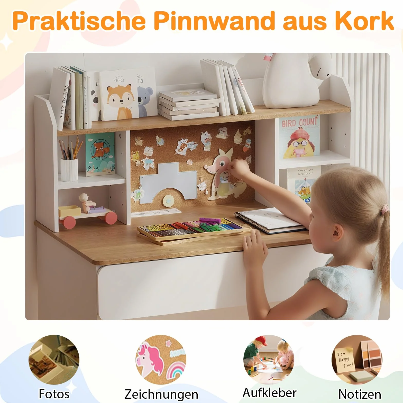 COSTWAY Biurko dla Dzieci z Ładowarką, Biurko Dziecięce z Drewna, Biurko Szkolne z Tablicą, 2 Szuflady & Regulowanymi Półkami, Biurko Młodzieżowe dla Dzieci od 6 Lat