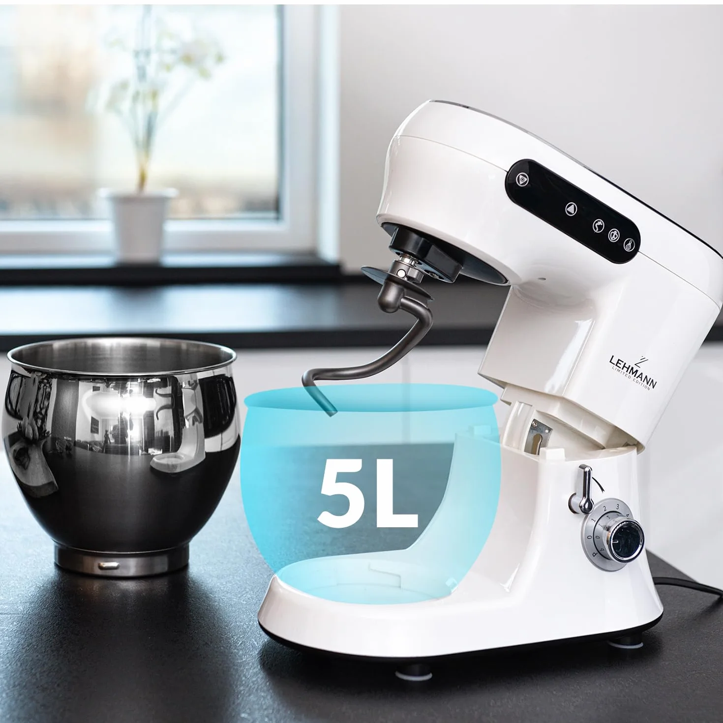 Lehmann Elektroniczny wyświetlacz wielofunkcyjny robot kuchenny z miską ze stali nierdzewnej, 5 l, 2300 W, 6 poziomów, z hakiem do ugniatania ciasta i trzepaczką