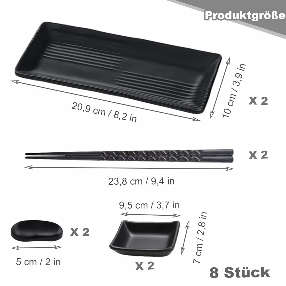 ACONDE Zestaw do Sushi: Talerz z Miseczkami do Dipów, Naczynia z 2 Parami Pałeczek, 2 Półki na Pałeczki, 2 Talerze - Czarny