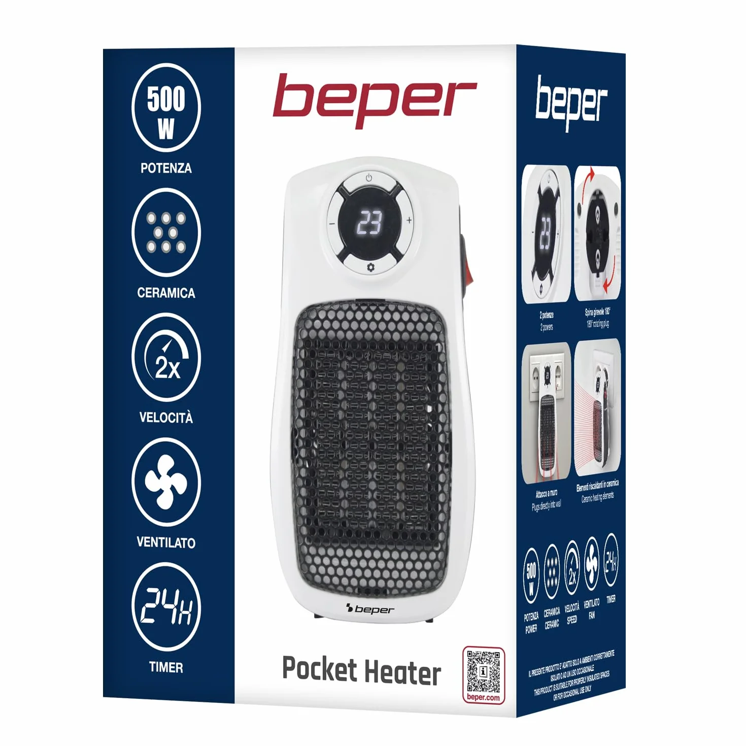 BEPER P203TER350 Mini ceramiczny termowentylator, kompaktowy mini grzejnik elektryczny 500 W/1000 W, wyświetlacz LED, 24-godzinny timer, termostat, obrotowa wtyczka 90