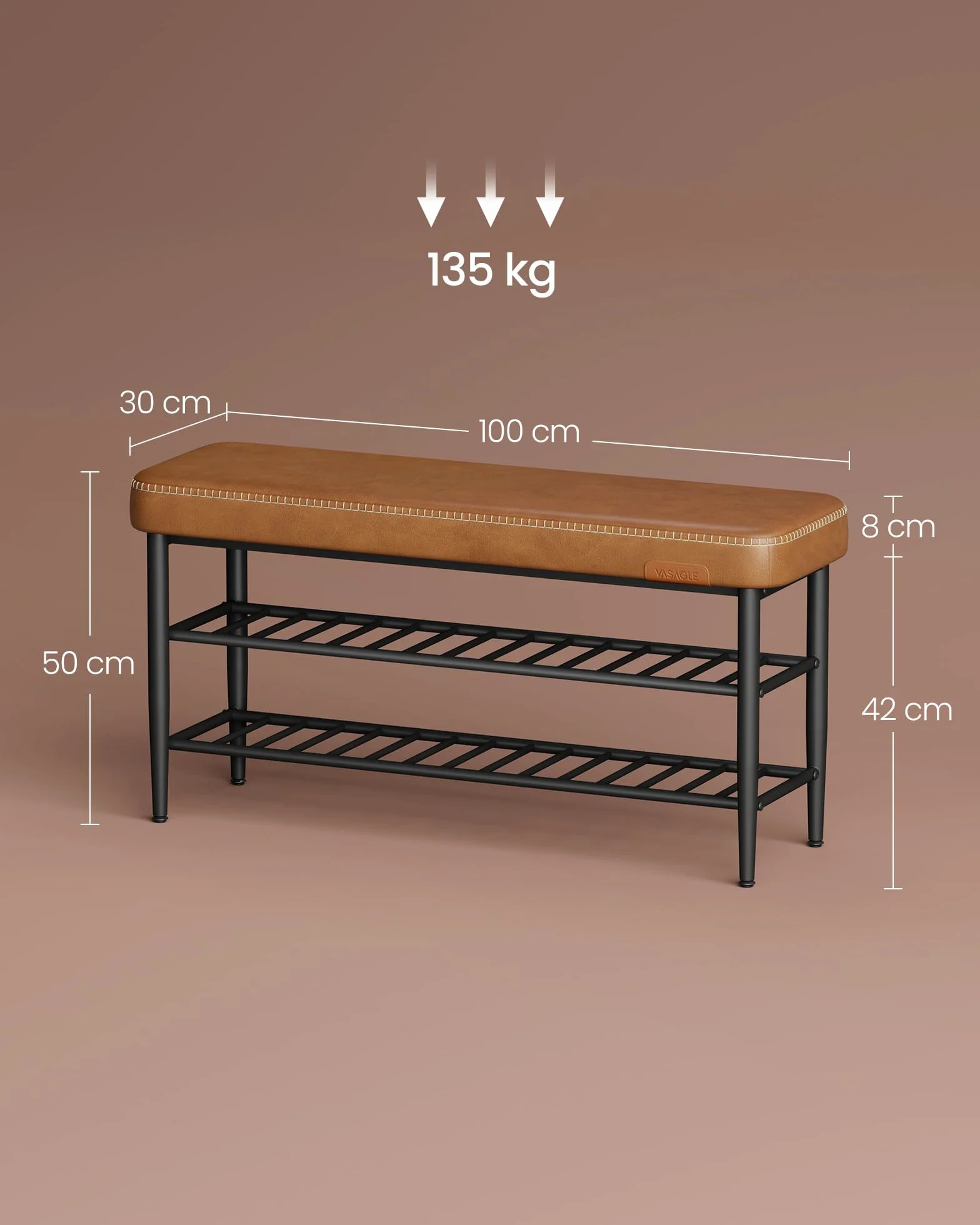 VASAGLE EKHO Kolekcja - ławka na buty, ławka, siedzisko, wejście, sztuczna skóra, przeszycia, styl mid-century modern, nowoczesny, nośność do 135 kg, 30 x 100 x 50 cm, karmelowy brąz LSB113K01