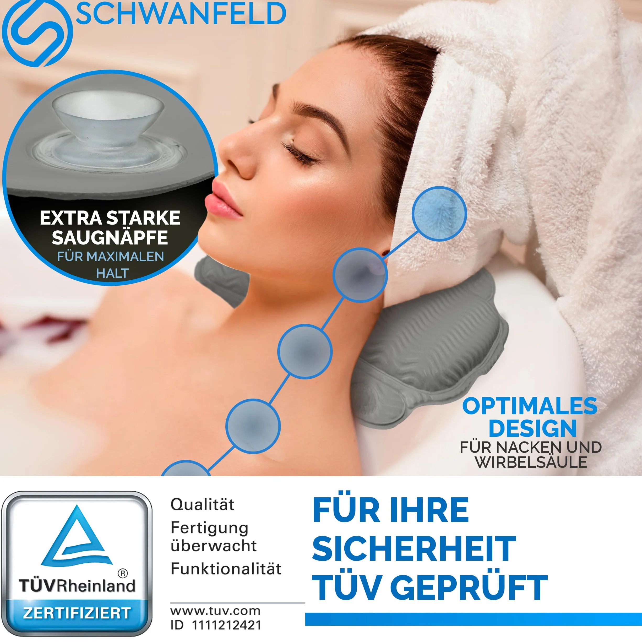 Schwanfeld Poduszka do wanny Oeko-Tex 100 Standard z mocnymi przyssawkami dla skóry wrażliwej