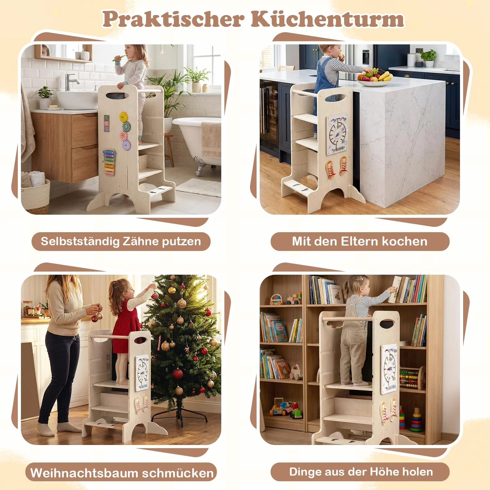 COSTWAY Wieża edukacyjna 4 w 1 z drewna bukowego, taboret Montessori z regulowaną wysokością