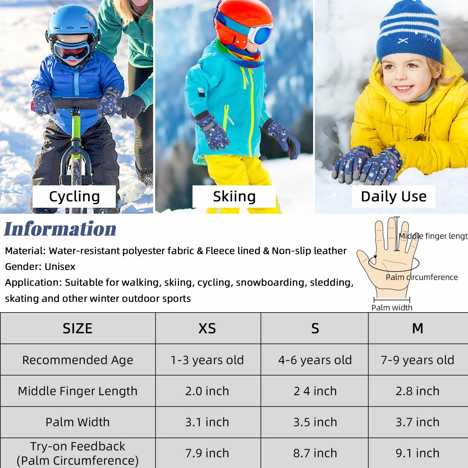 QKURT Rękawiczki narciarskie dla dzieci, zimowe ciepłe rękawiczki śnieżne, wiatroodporne rękawice snowboardowe dla dziewcząt i chłopców, zimne rękawiczki sezonowe dla dzieci od 1 do 9 lat rower i