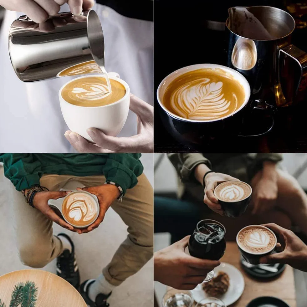 Dzbanek na mleko, 350 ml, ręczny spieniacz ze stali nierdzewnej, spieniacz do kawy, kubek ze znakiem pomiarowym, dzbanek na mleko pasuje do Barista Cappuccino Espresso