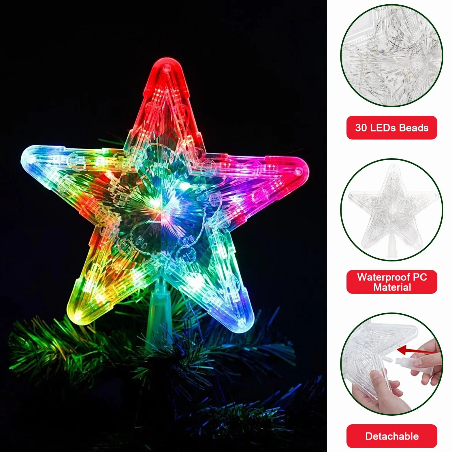 Czubek choinkowy gwiazda, czubek choinkowy dekoracja z 30 diodami LED, czubek gwiazda 9 x 1,57 cala, błyszczące gwiazdy, gwiazda na choinkę, światła topper dekoracja bożonarodzeniowa