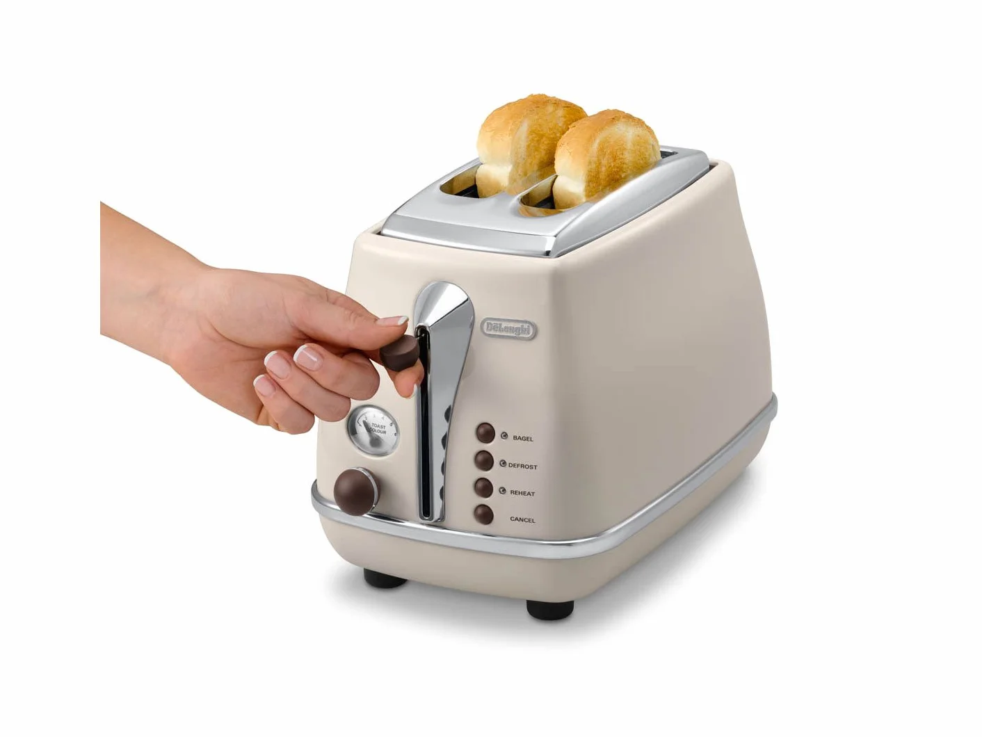 De'Longhi Icona Vintage CTOV 2103.BG toster z 2 gniazdami z nasadką do bułek, toster z 6 poziomami opiekania, funkcja rozmrażania i podgrzewania, ze stali nierdzewnej w eleganckim stylu retro, beżowy