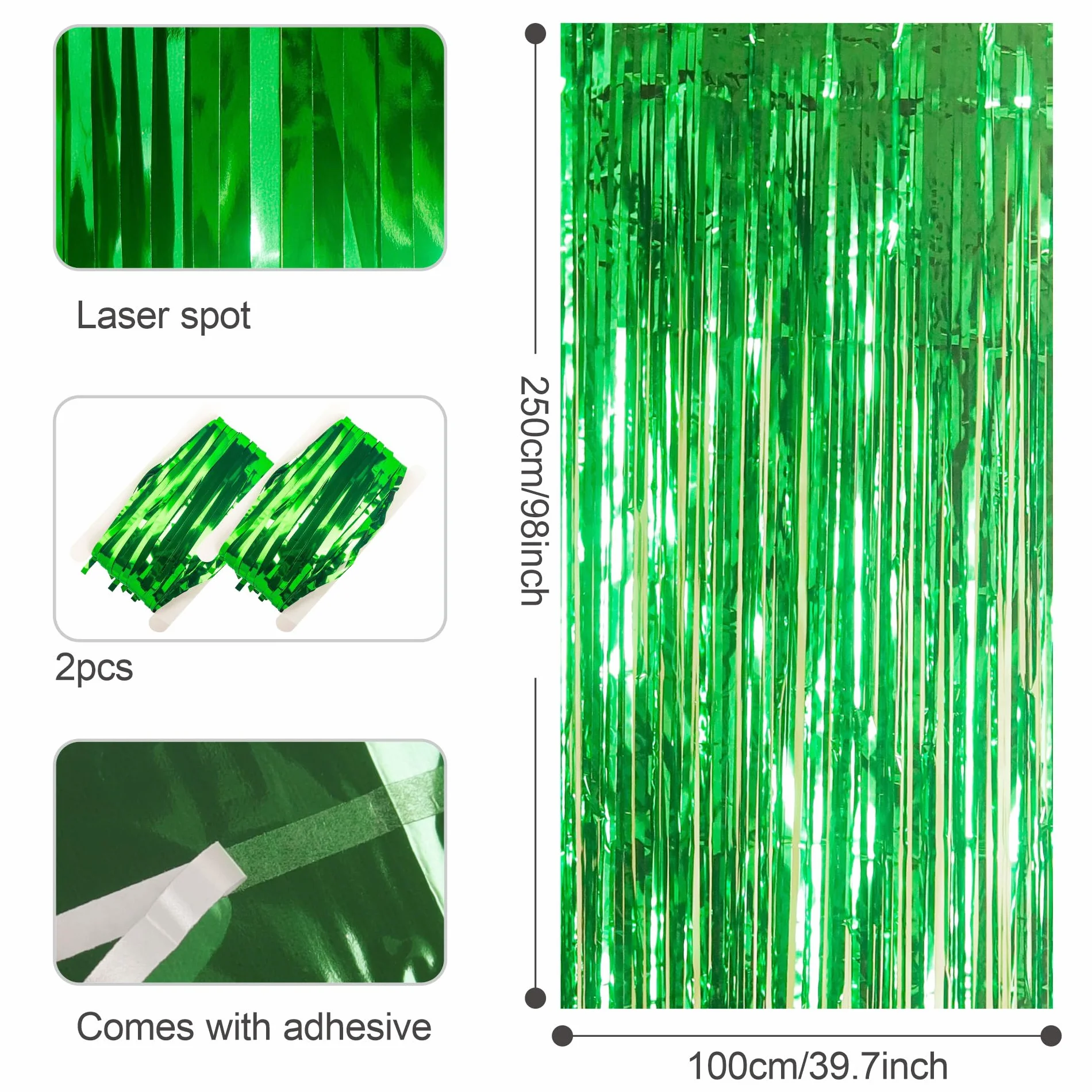 2 szt. lamety, zielone brokatowe zasłony, 1 x 2,5 m, metaliczna błyszcząca zasłona na urodziny, folię, frędzle, zasłony, na dyskotekę, imprezę, Halloween, Boże Narodzenie, wesele, festiwale, dekoracje